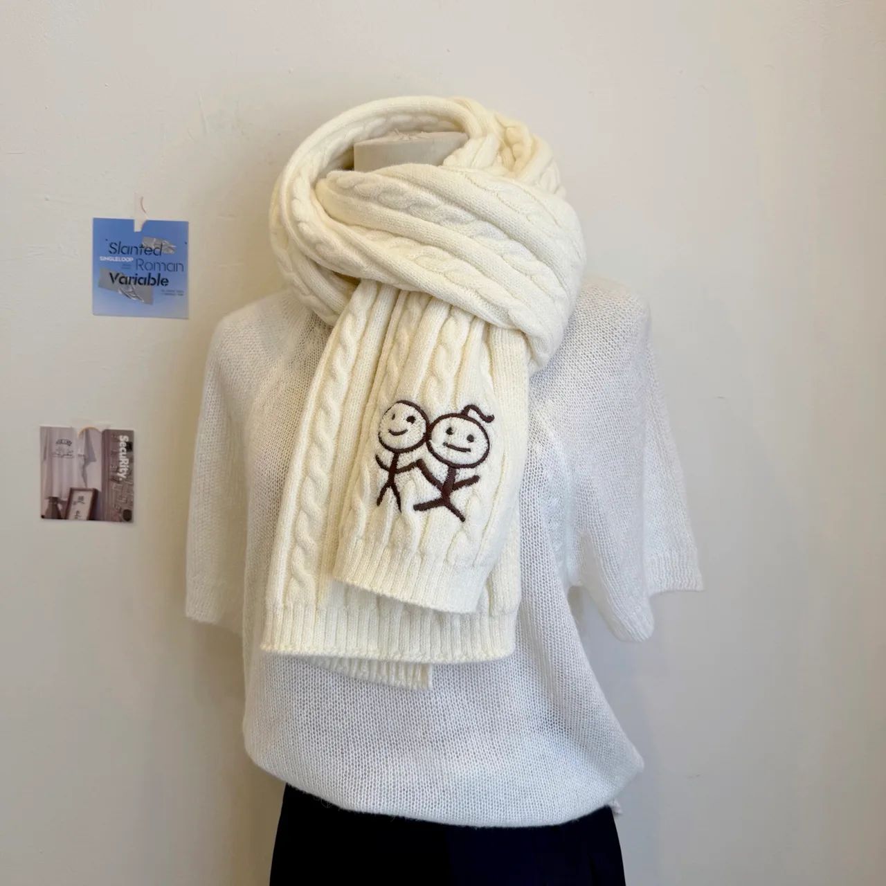 Embroidered Stick-Figure Cable-Knit Scarf in White · view 3