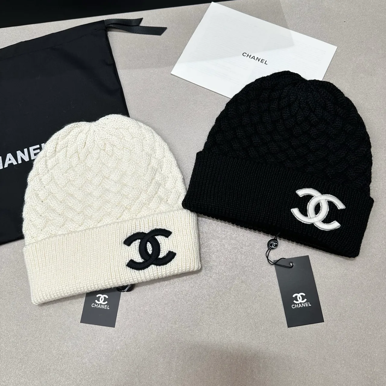 Chanel Textured CC knit beanie in Black & Pink & Cream · view 8
