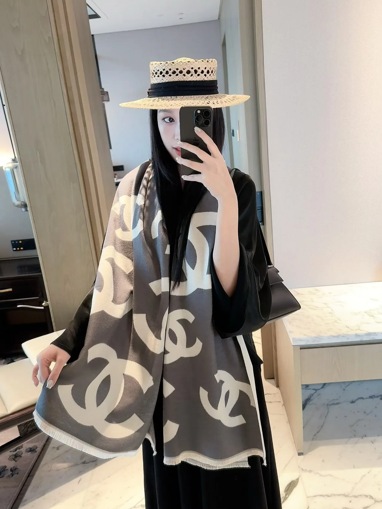 Chanel CC Jacquard Scarf in Grey & Black & Red · view 4