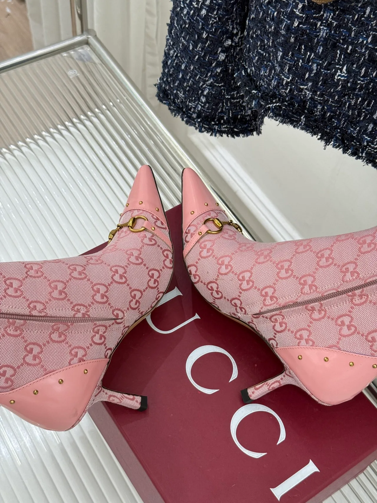 Gucci Sheepskin Canvas Ankle Boots in Pink · view 7