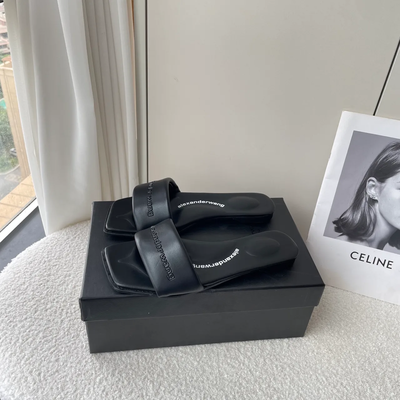 Alexander Wang Denim Logo Slide Sandals in Black · view 2