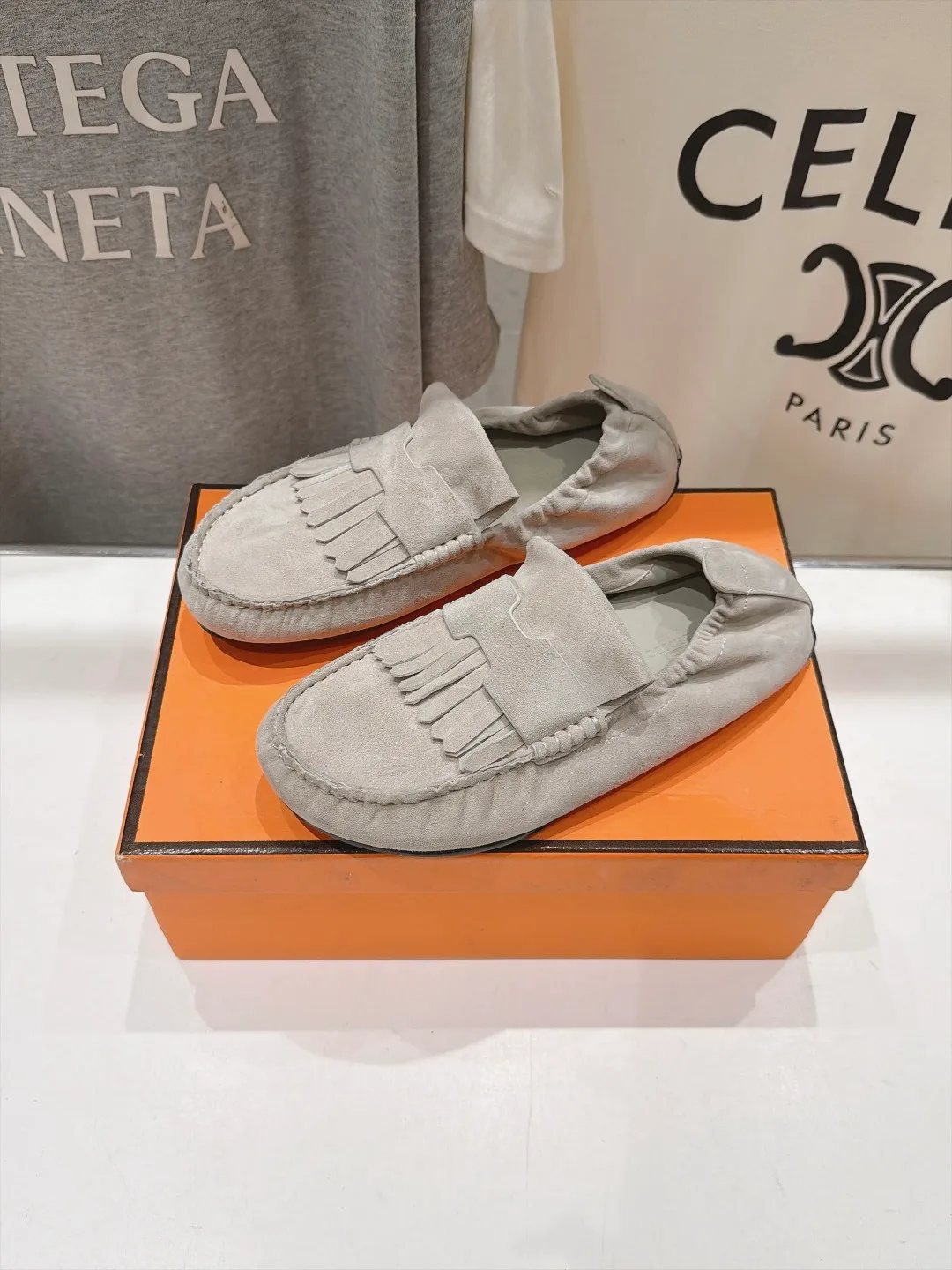 Hermes Suede-Look Round-Toe Loafers in Grey · view 3