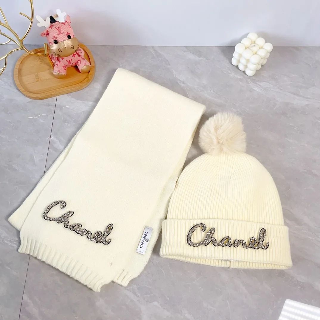 Chanel Wool Embroidered Pom hat and scarf knit set in Cream · view 1