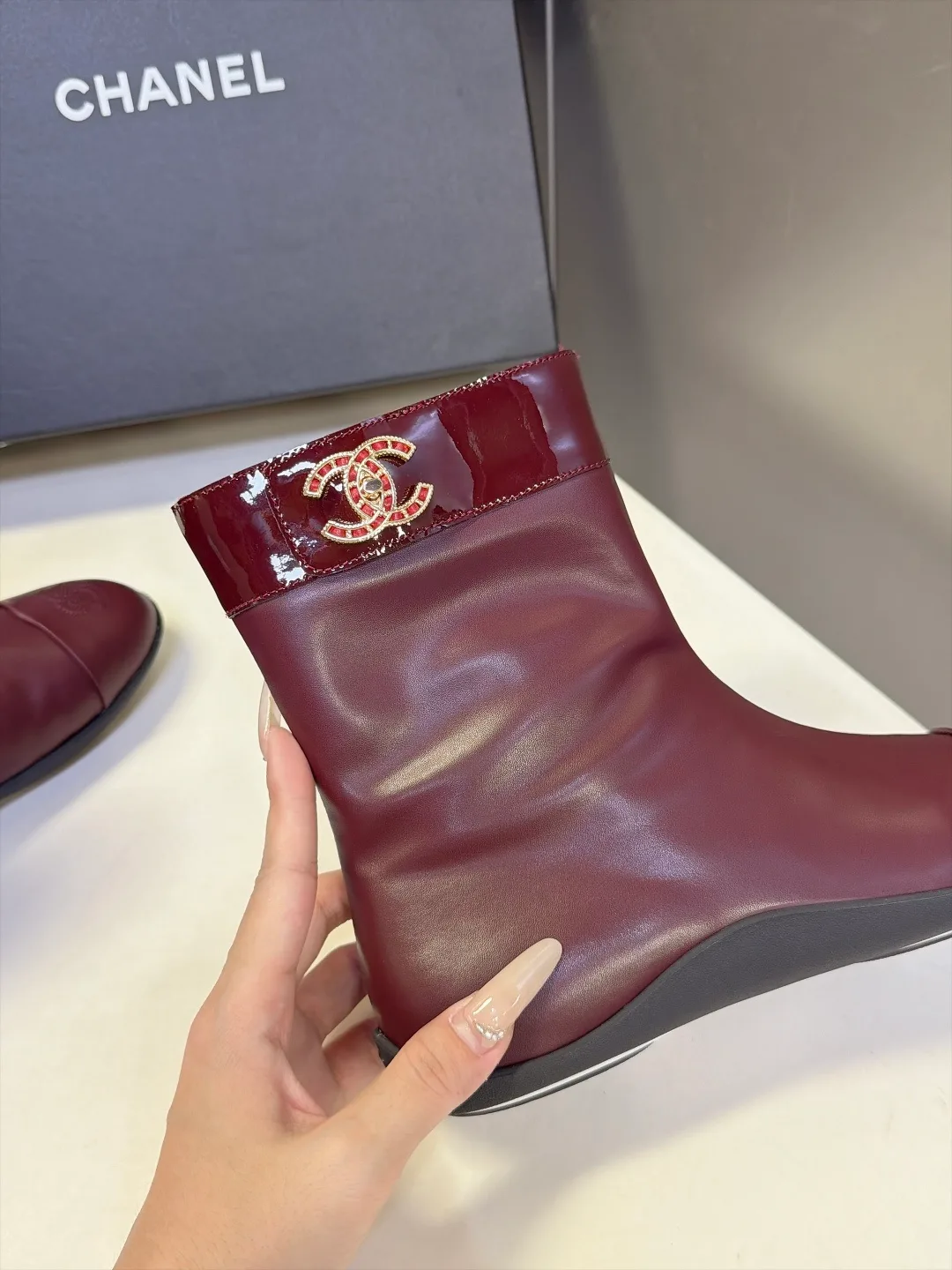 Chanel Calfskin Glossy Ankle Boots in Burgundy · view 8