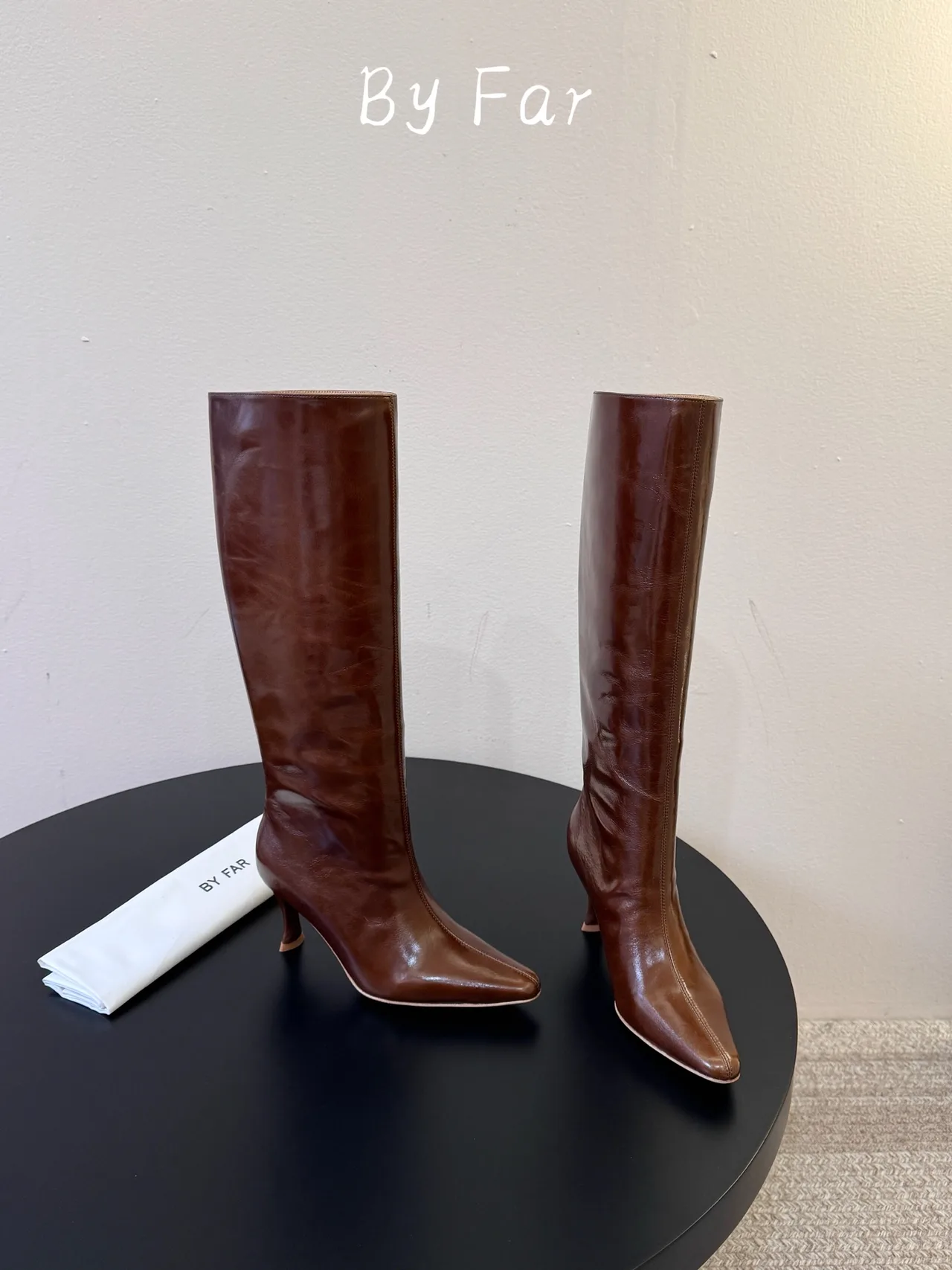 By Far Glossy Pointed-Toe Knee-High Boots in Brown · view 4