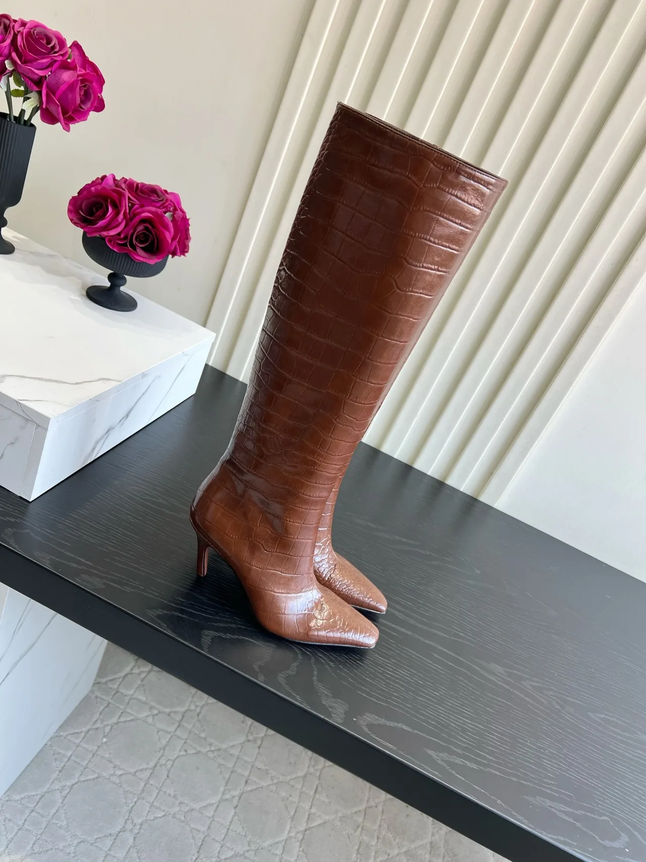 Amina Muaddi Cowhide Glossy Pointed-Toe Knee-High Boots in Brown · view 2