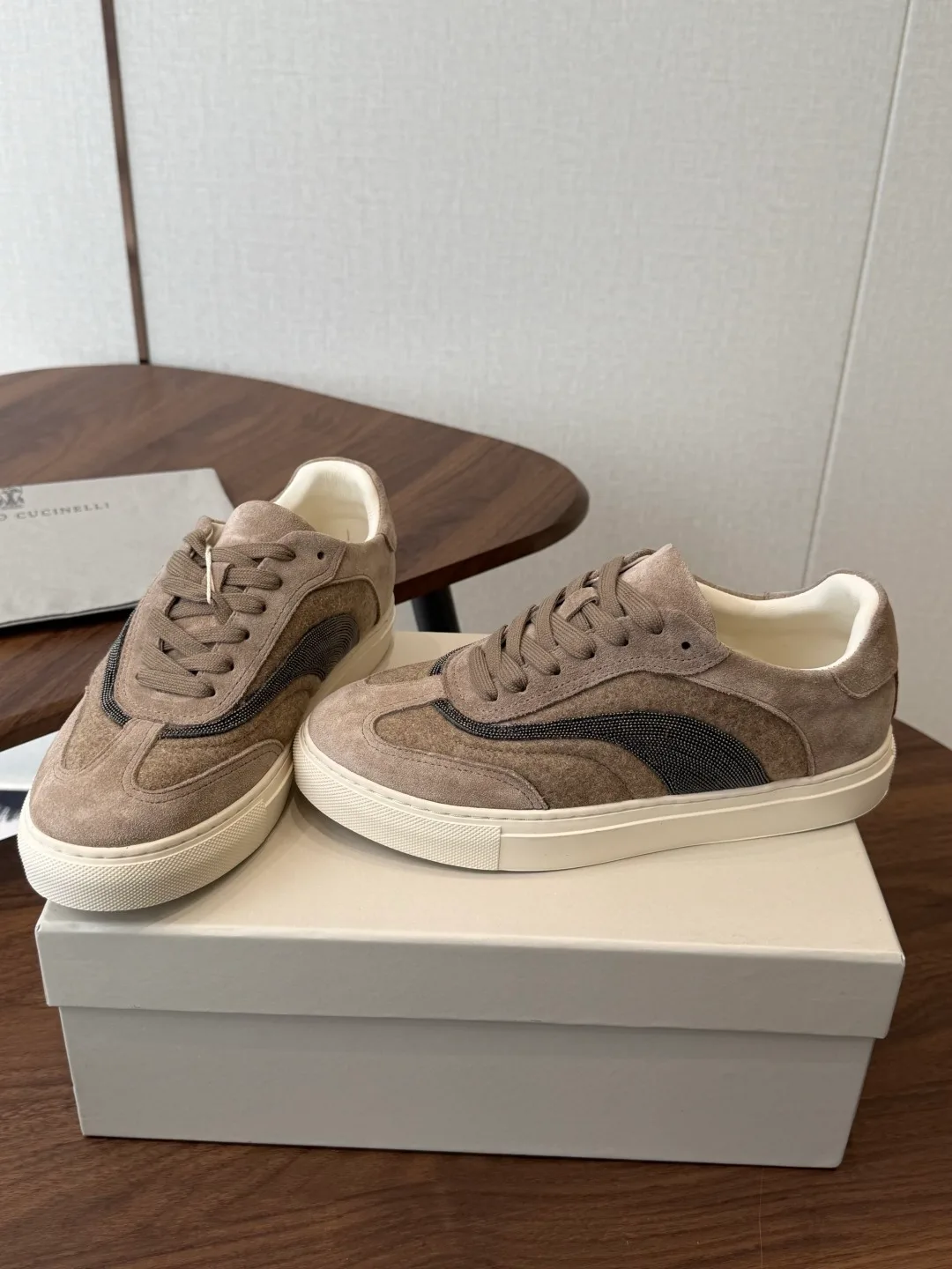 Brunello Cucinelli Cowhide Suede Panelled Lace-Up Sneakers in Grey · view 3