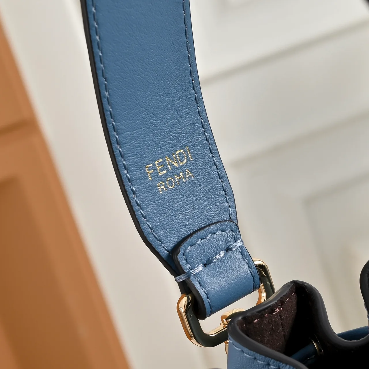 Fendi Calfskin Embroidered Bucket Bag in Blue · view 4