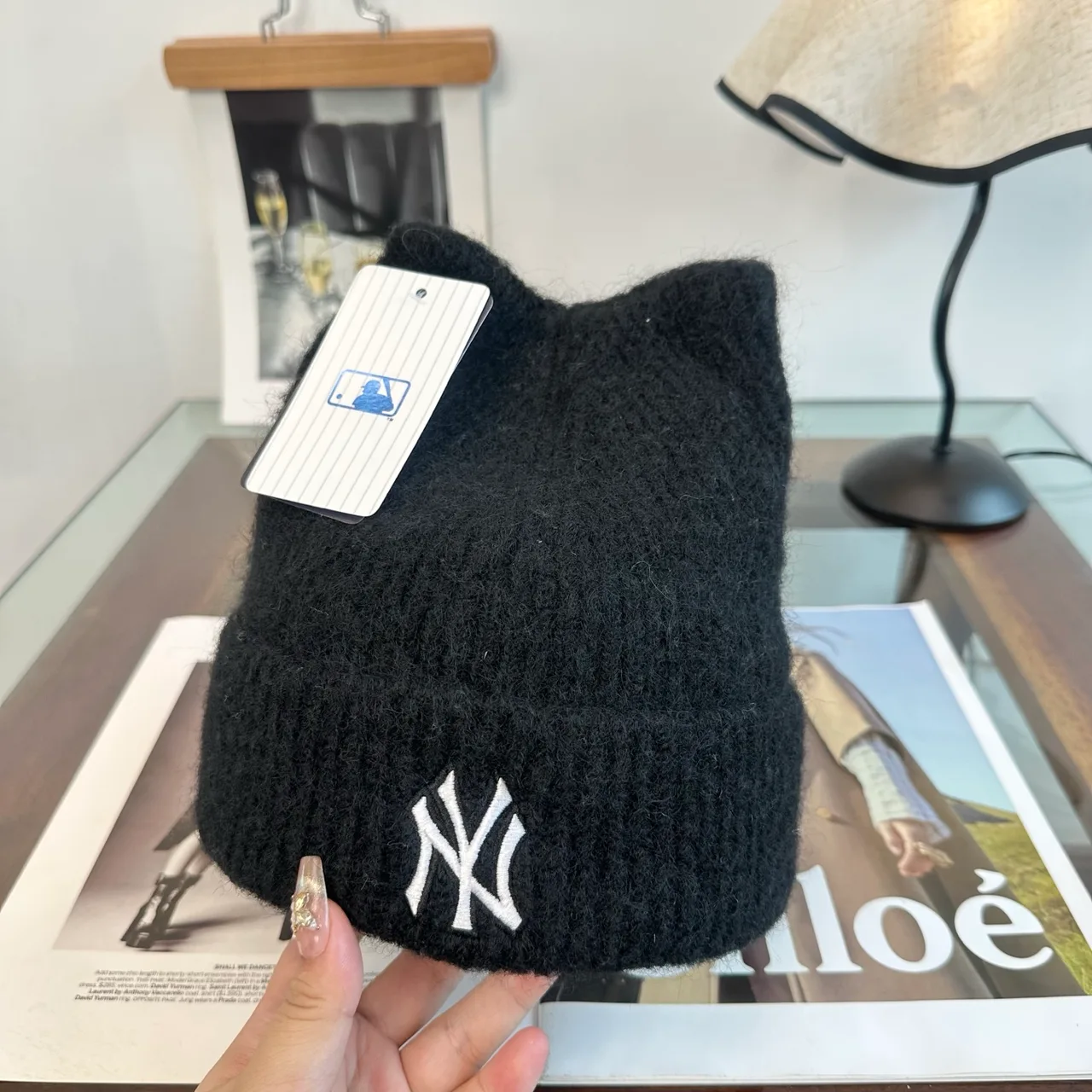 NY Letter Fuzzy Knit Beanie in Black · view 1