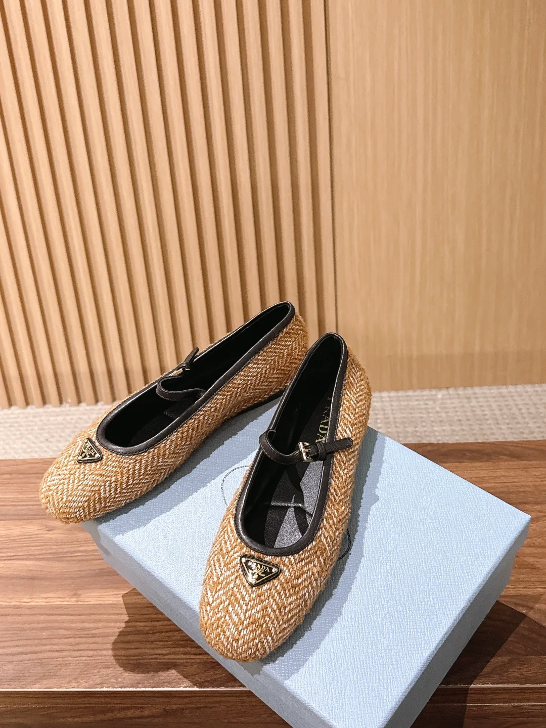 Prada Woven Round-Toe Mary Jane Flats in Beige · view 3