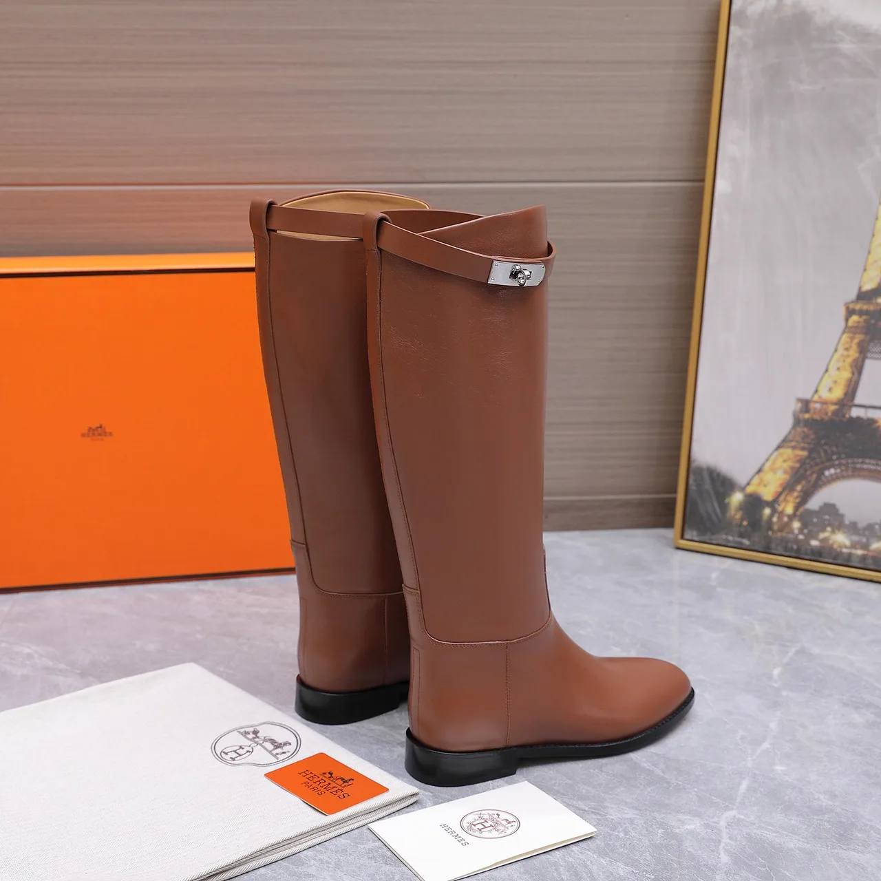 Hermes Cowhide Glossy Buckle Knee-High Boots in Brown · view 6
