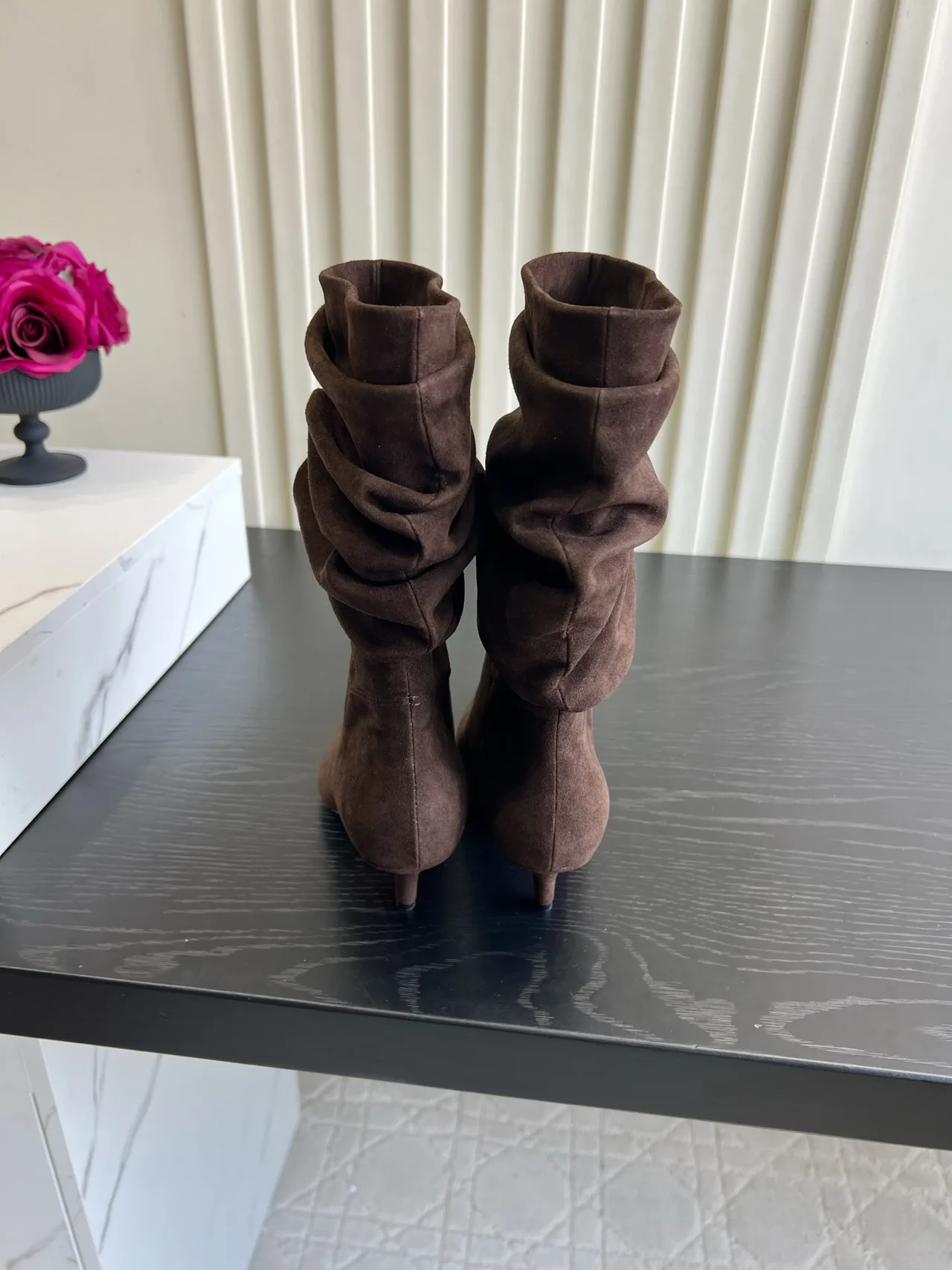 Amina Muaddi Cowhide Ribbed Suede-Look Pointed-Toe Ankle Boots in Brown · view 4