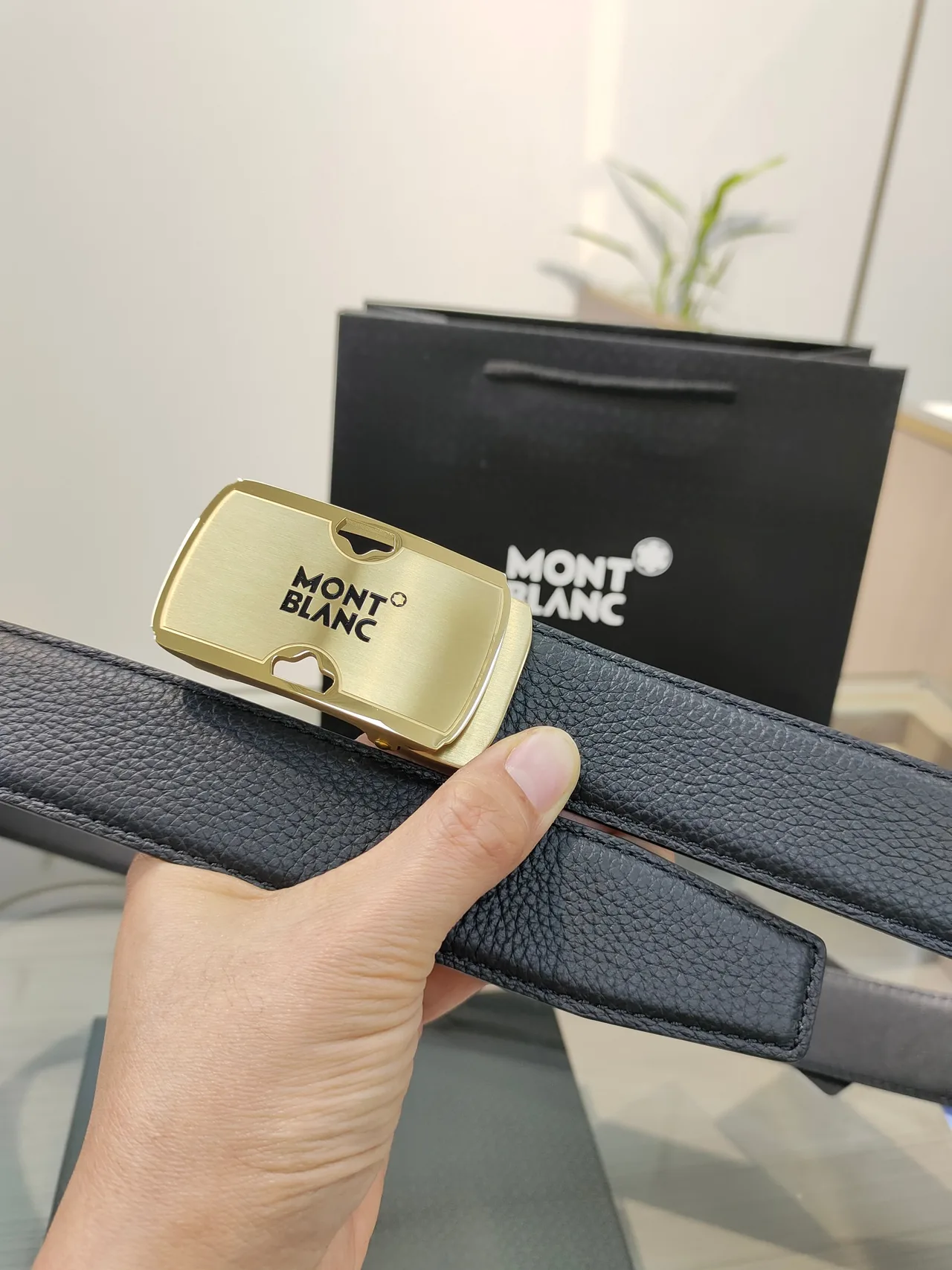 Montblanc Calfskin Pebbled Glossy Belt in Black · view 2