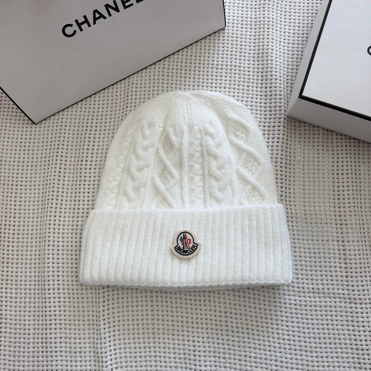 Moncler Cable-knit logo beanie in Burgundy & Black & White & Cream & Grey & Tan · view 3