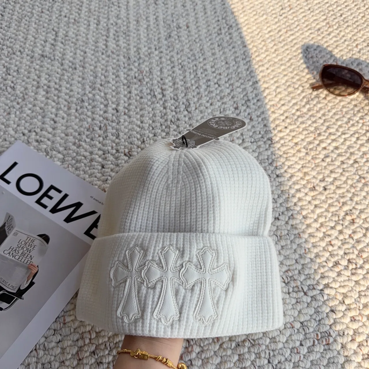 Loewe Ribbed Embroidered Beanie in White · view 1