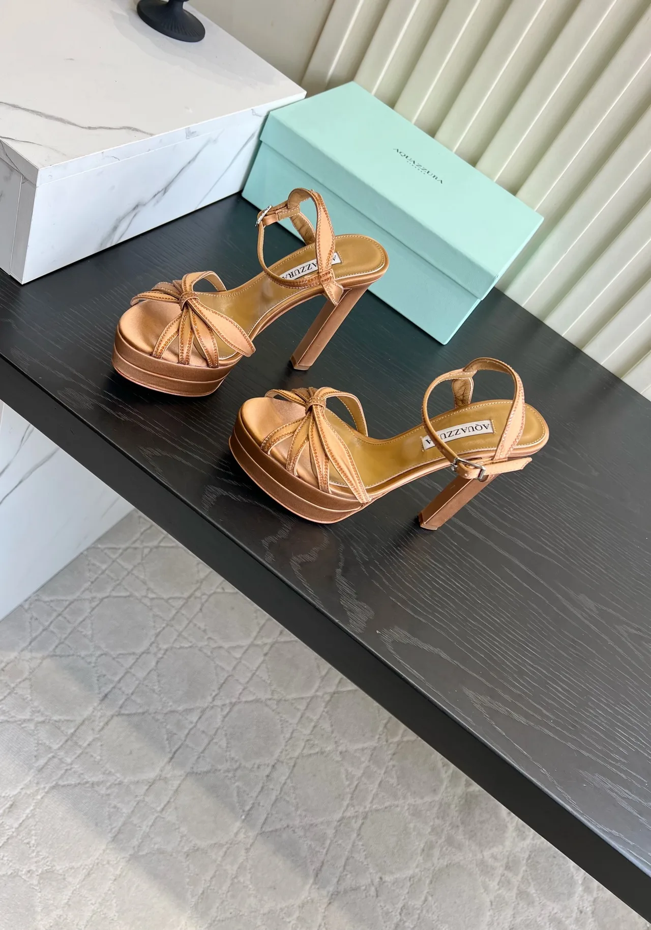 Aquazzura Silk Glossy Buckle Sandals in Tan · view 2
