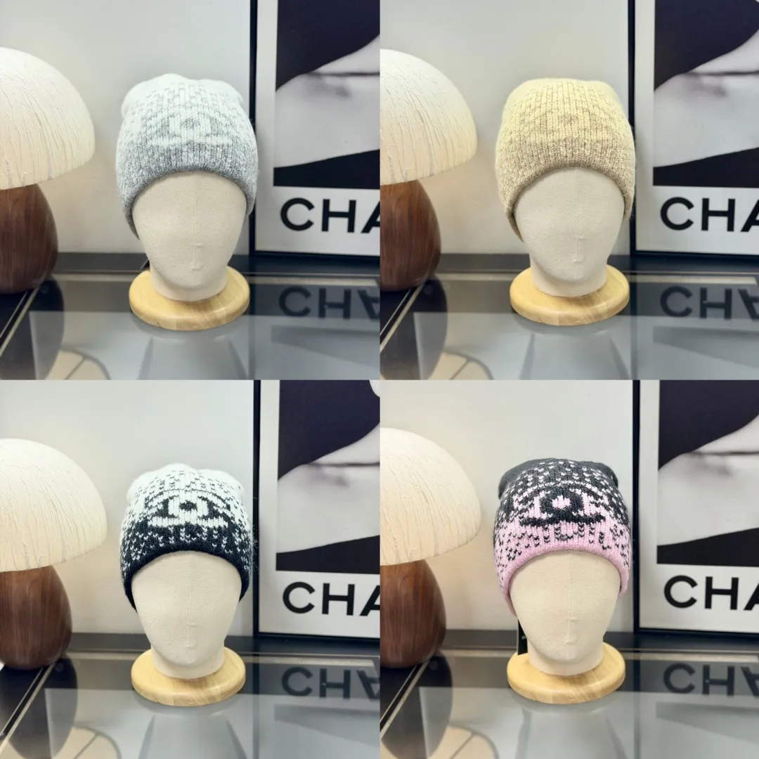 Chanel CC Jacquard Beanie in Black & Grey & Beige & White · view 2