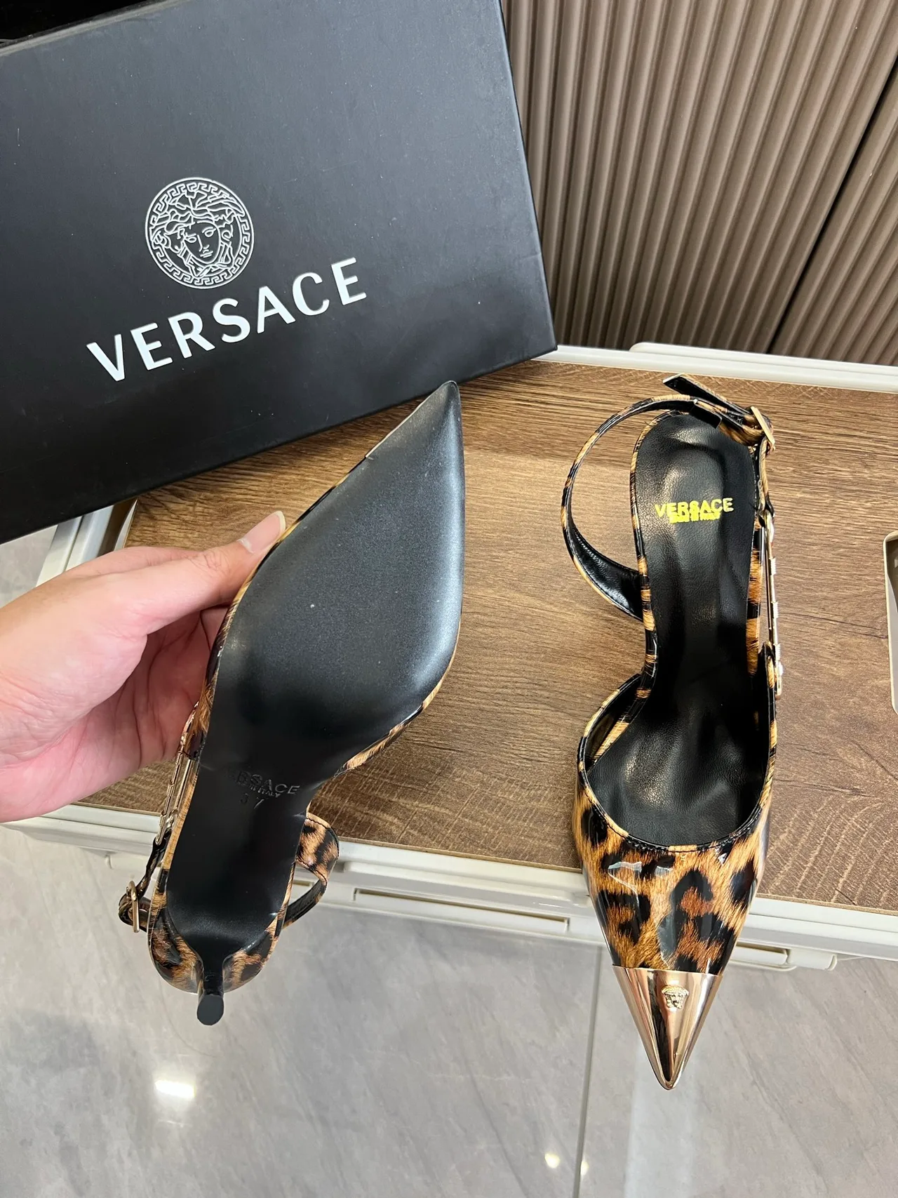 Versace Pointed-Toe Leopard-Print Slingback Pumps in Brown · view 5