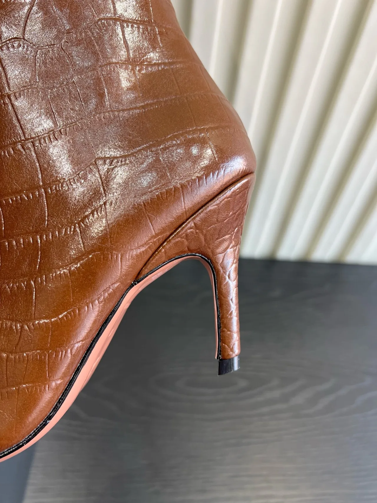 Amina Muaddi Cowhide Glossy Pointed-Toe Knee-High Boots in Brown · view 7