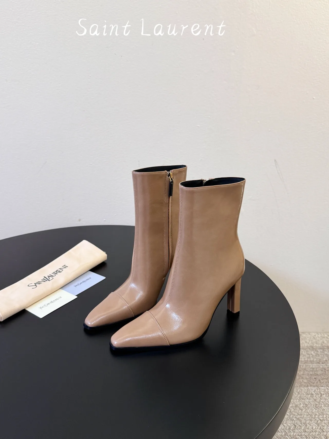 Saint Laurent Glossy Pointed-Toe Ankle Boots in Tan · view 5
