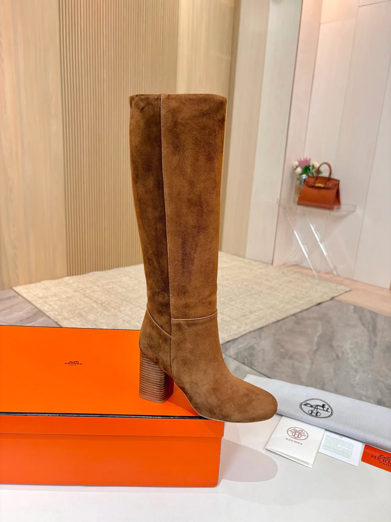 Hermes Suede-Look Round-Toe Knee-High Boots in Brown · view 1
