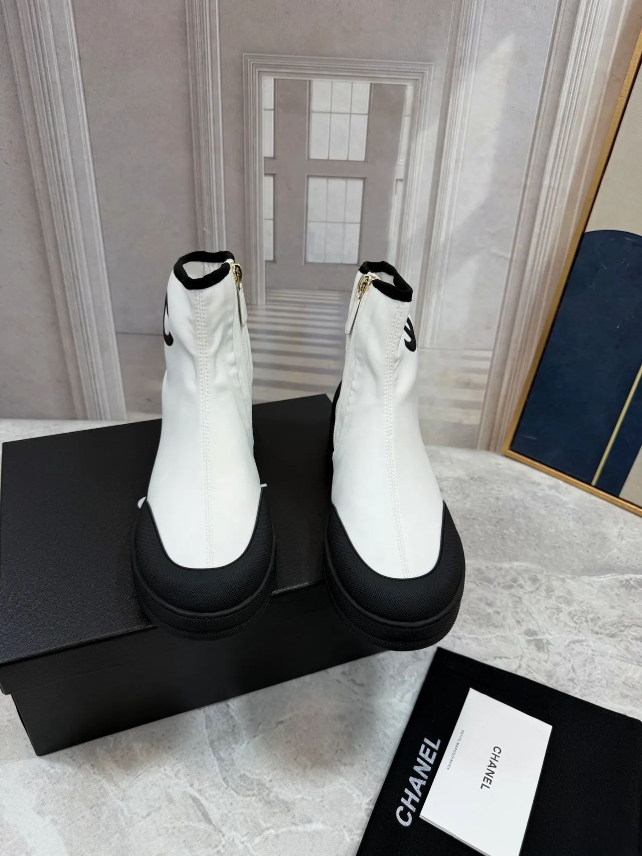 Chanel Cowhide Quilted Glossy Ankle Boots in White · view 5