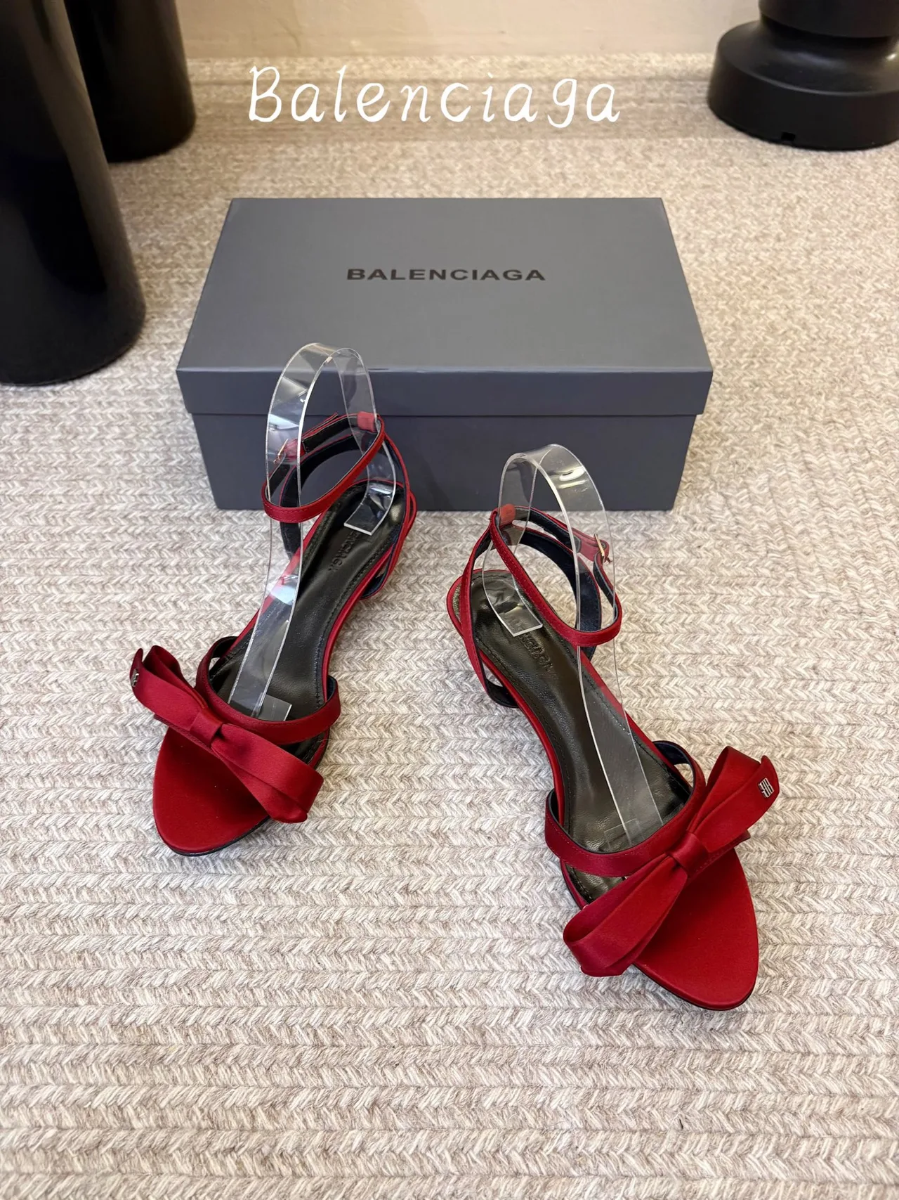 Balenciaga Silk Glossy Bow Ankle Strap Sandals in Red · view 2