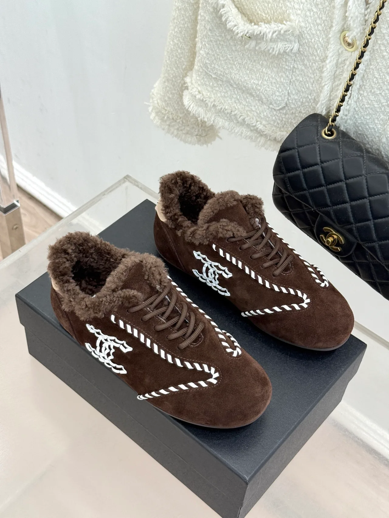 Chanel Suede-Look Sneakers in Brown · view 3