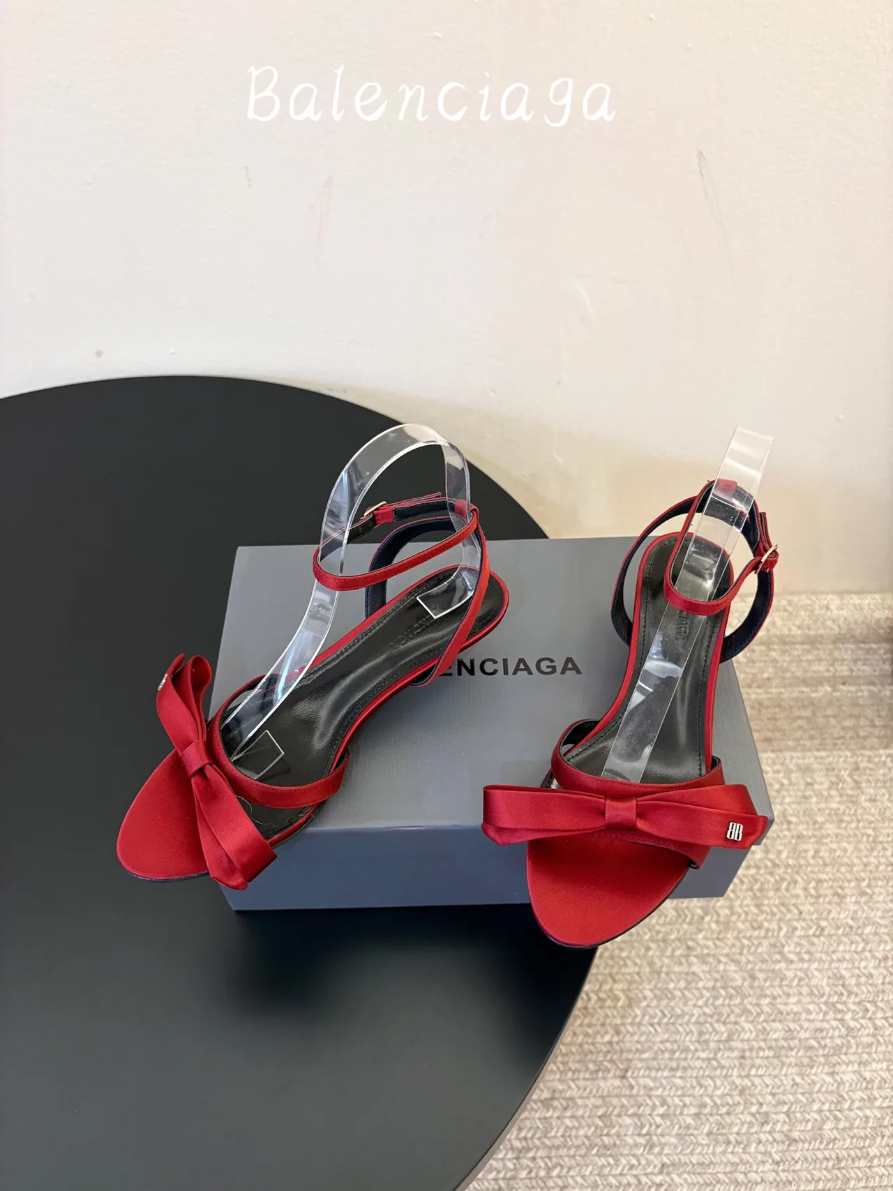 Balenciaga Silk Glossy Bow Ankle Strap Sandals in Red · view 5