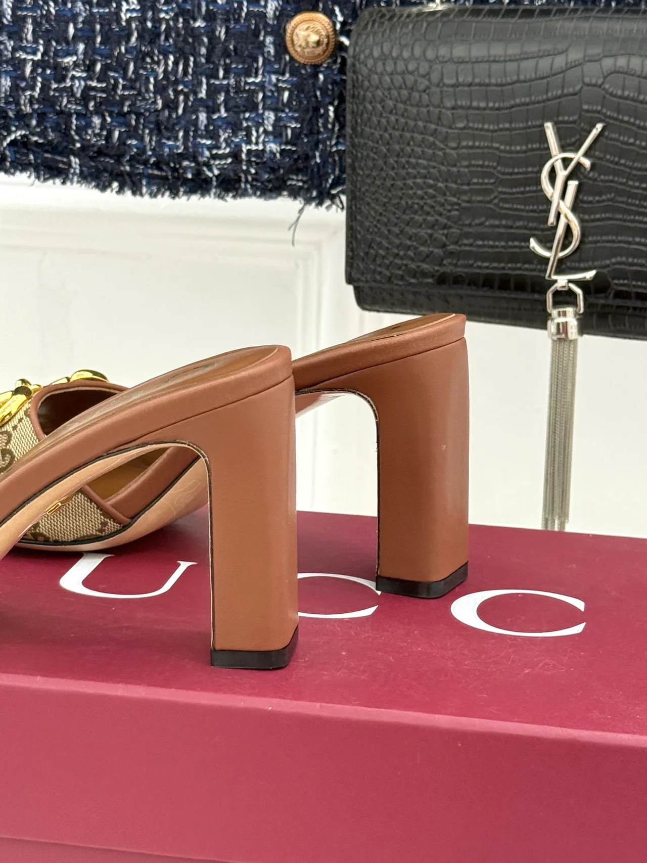Gucci Canvas Denim Smooth Heeled Mules in Brown · view 6