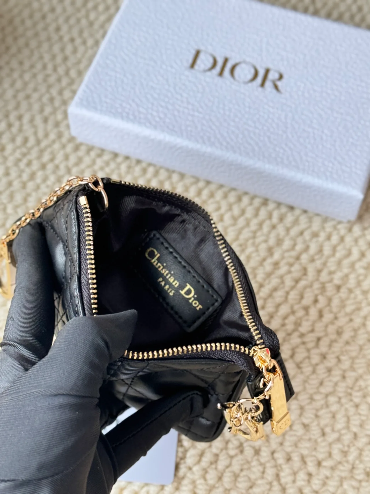 Dior Lambskin Quilted Glossy Zip Key Pouch in Black · view 6