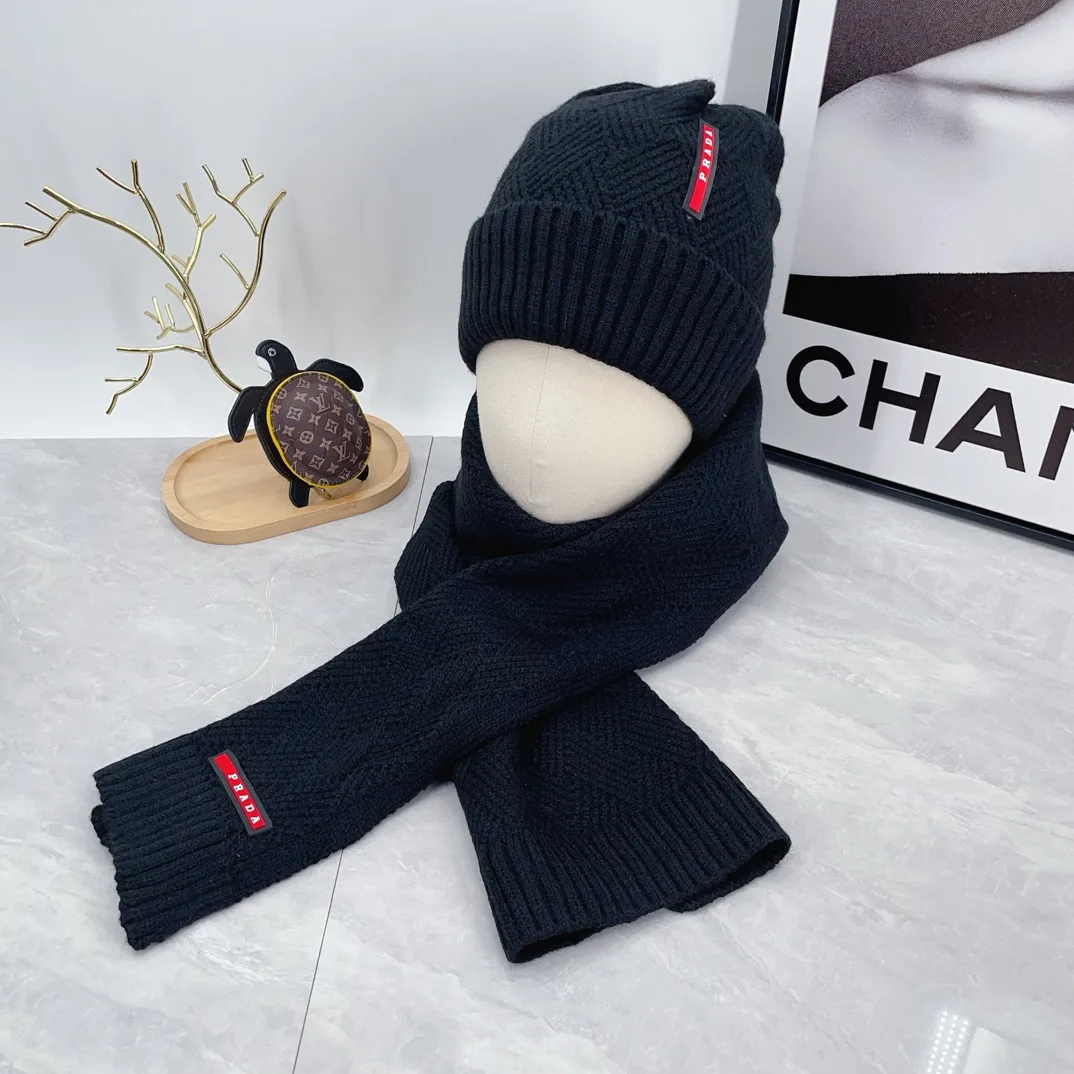 Prada Ribbed Beanie and Scarf Set in Black · view 1