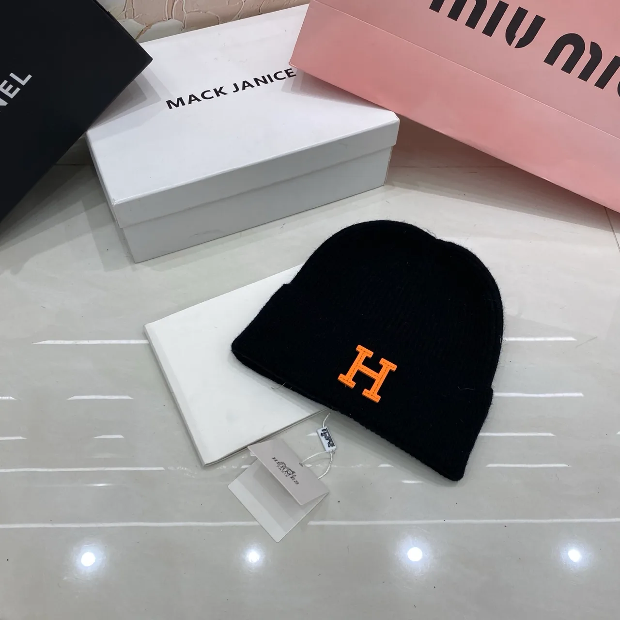 Hermes H Knit Beanie in Grey & Blue & White & Pink & Black & Yellow & Red & Brown & Orange · view 4