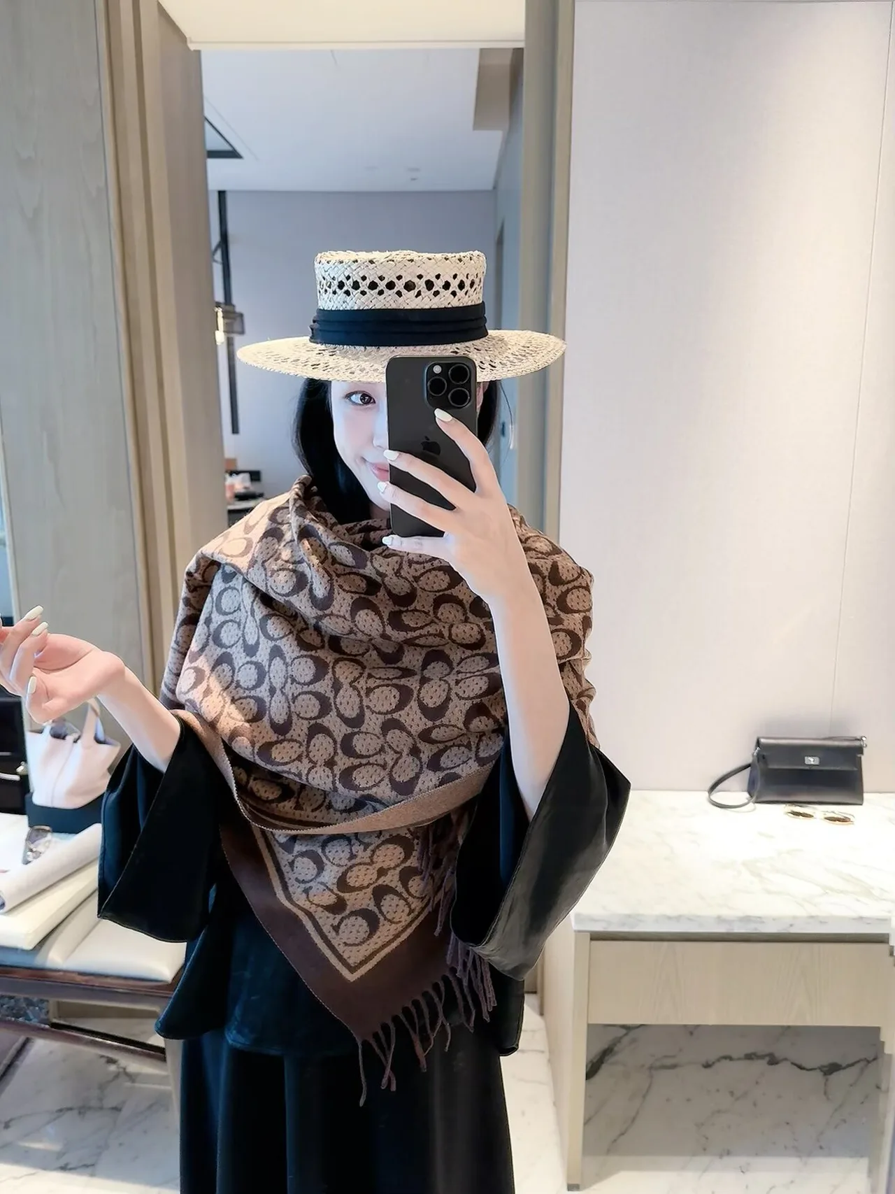 Coach C Jacquard Scarf in Beige & Brown · view 5