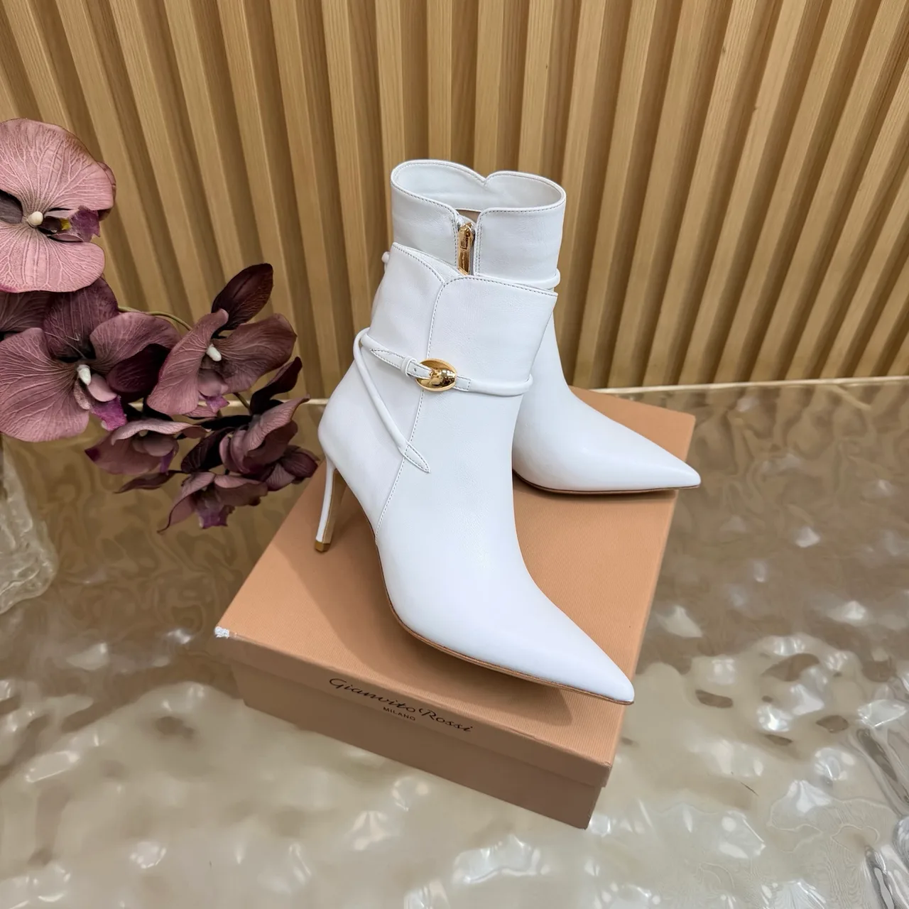 Bottega Veneta Glossy Pointed-Toe Buckle Ankle Boots in White · view 2