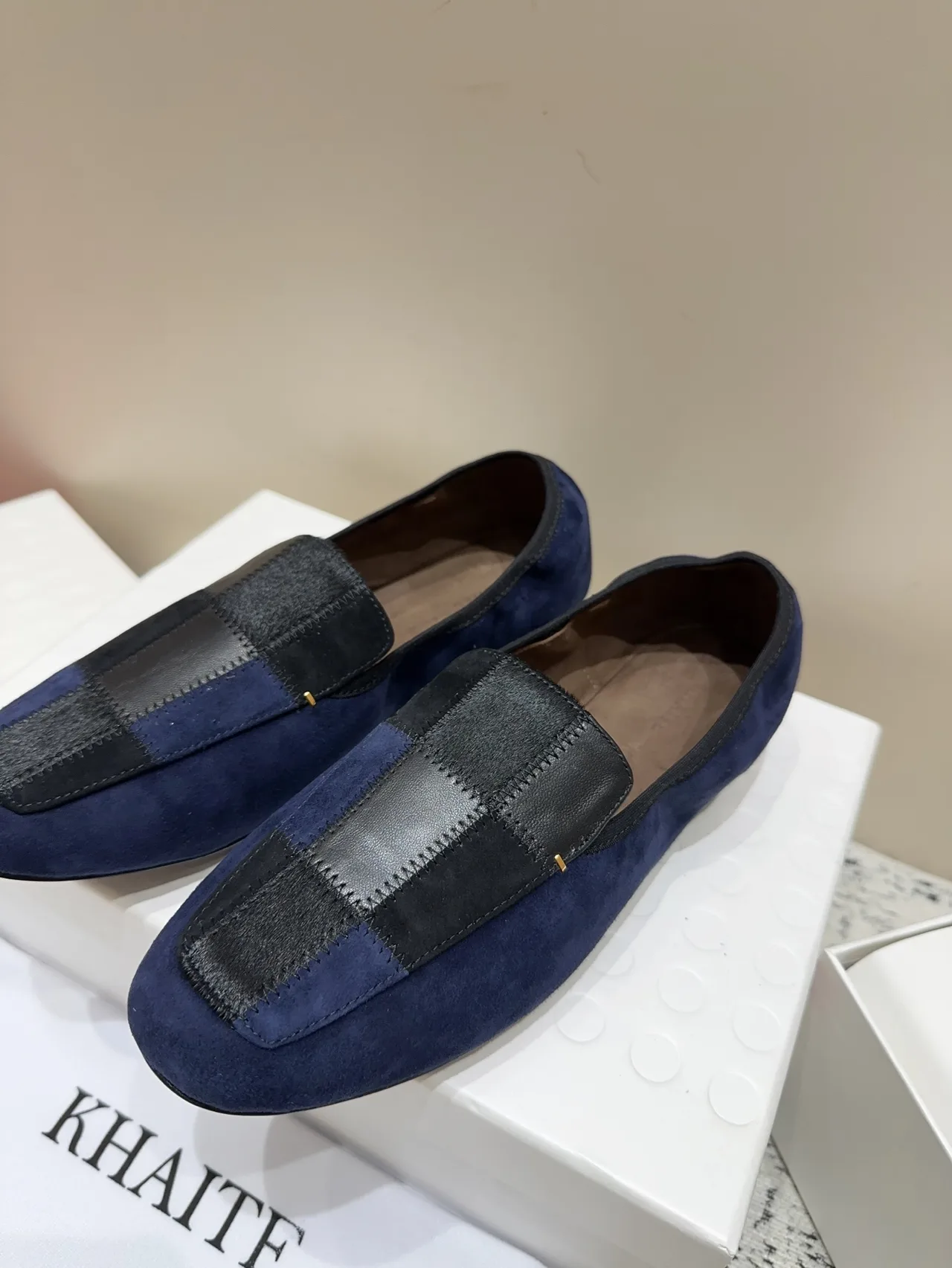 Khaite Sheepskin Suede-Look Loafers in Blue · view 3