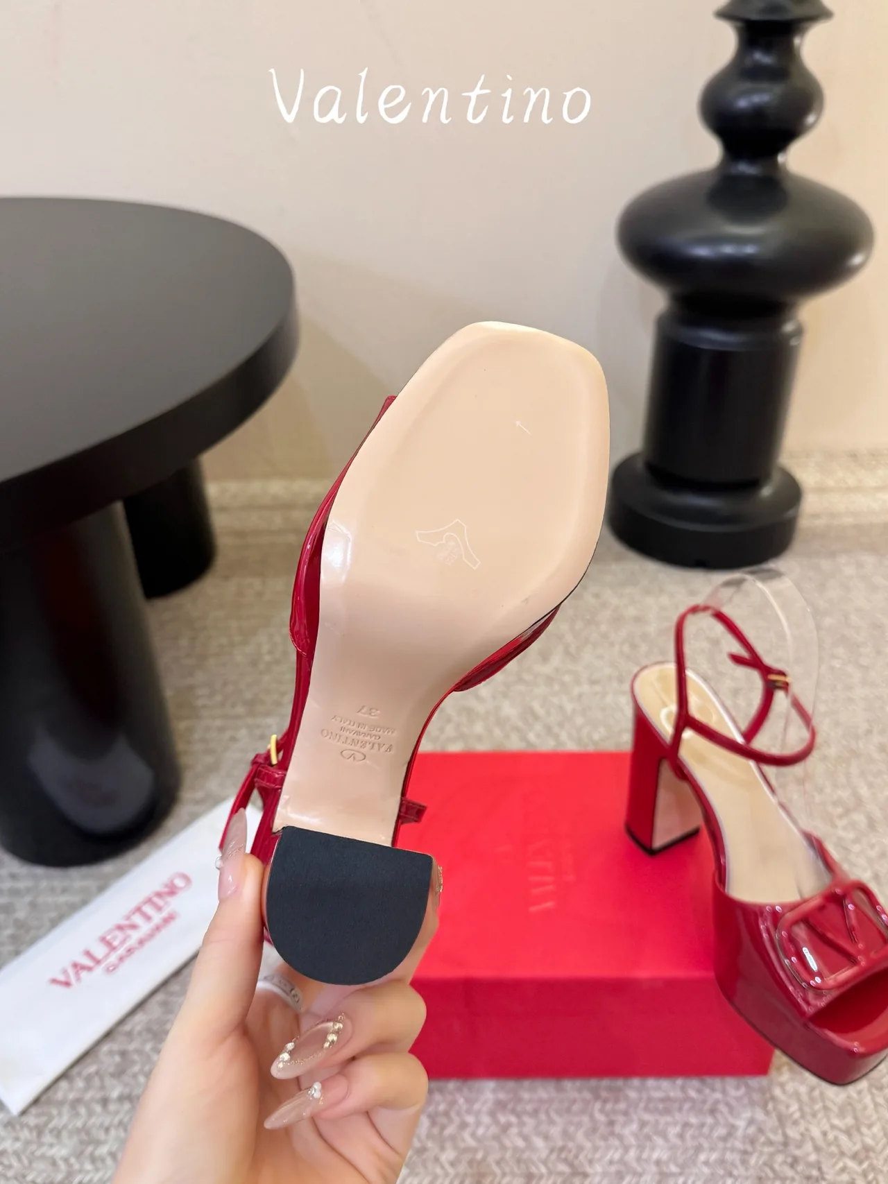 Valentino Patent Leather Glossy Square-Toe Sandals in Red · view 6
