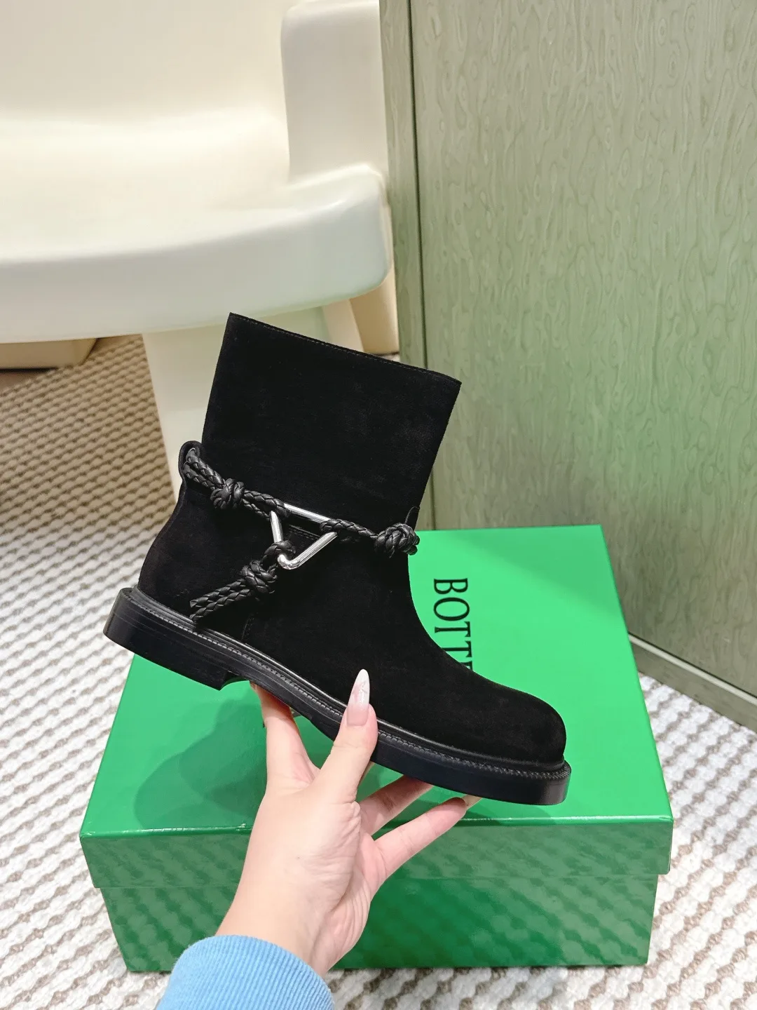 Bottega Veneta Calfskin Woven Glossy Ankle Boots in Black · view 5