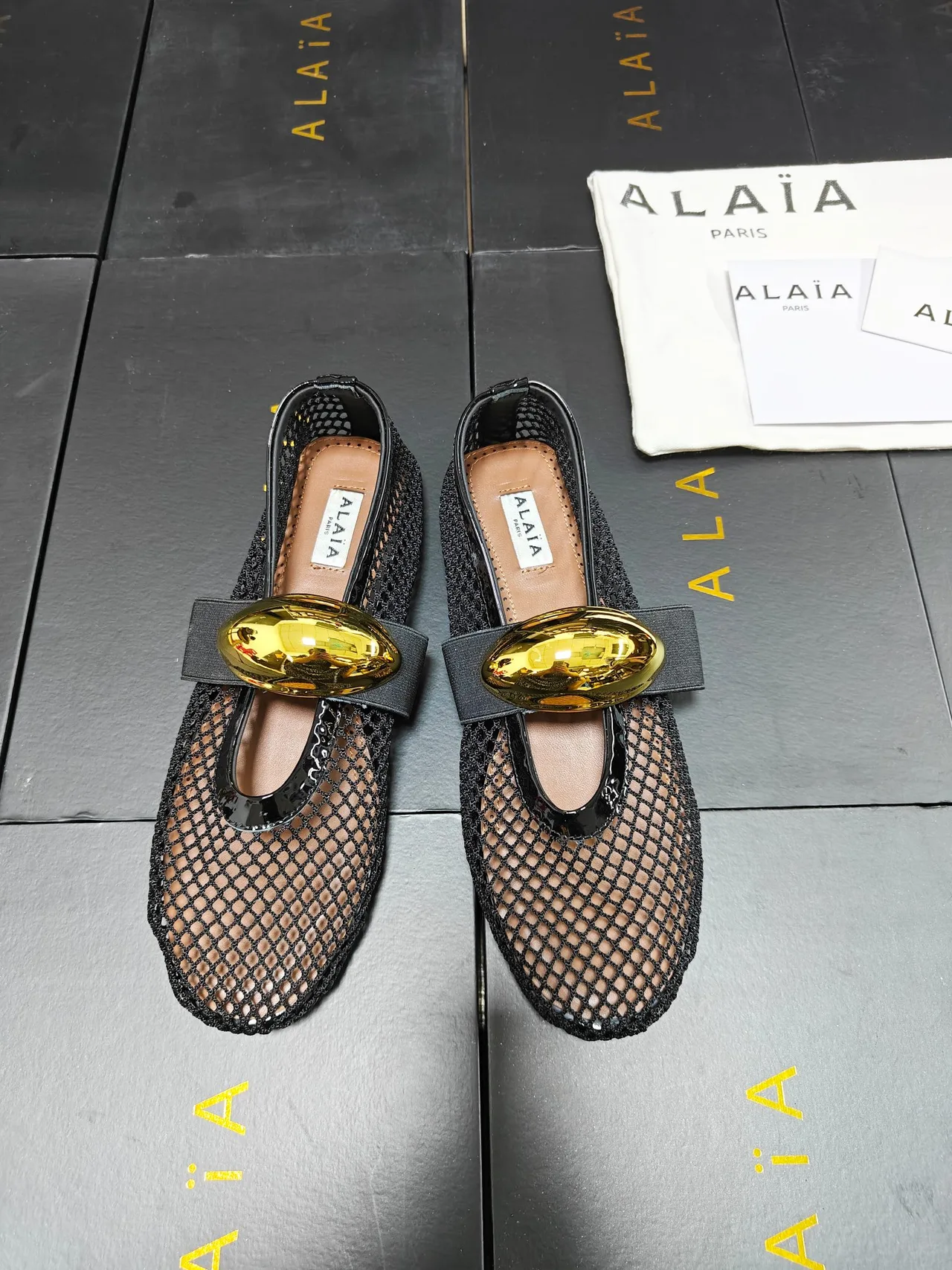 Alaia Cowhide Sheepskin Pointed-Toe Mesh Ballet Flats in Black · view 1