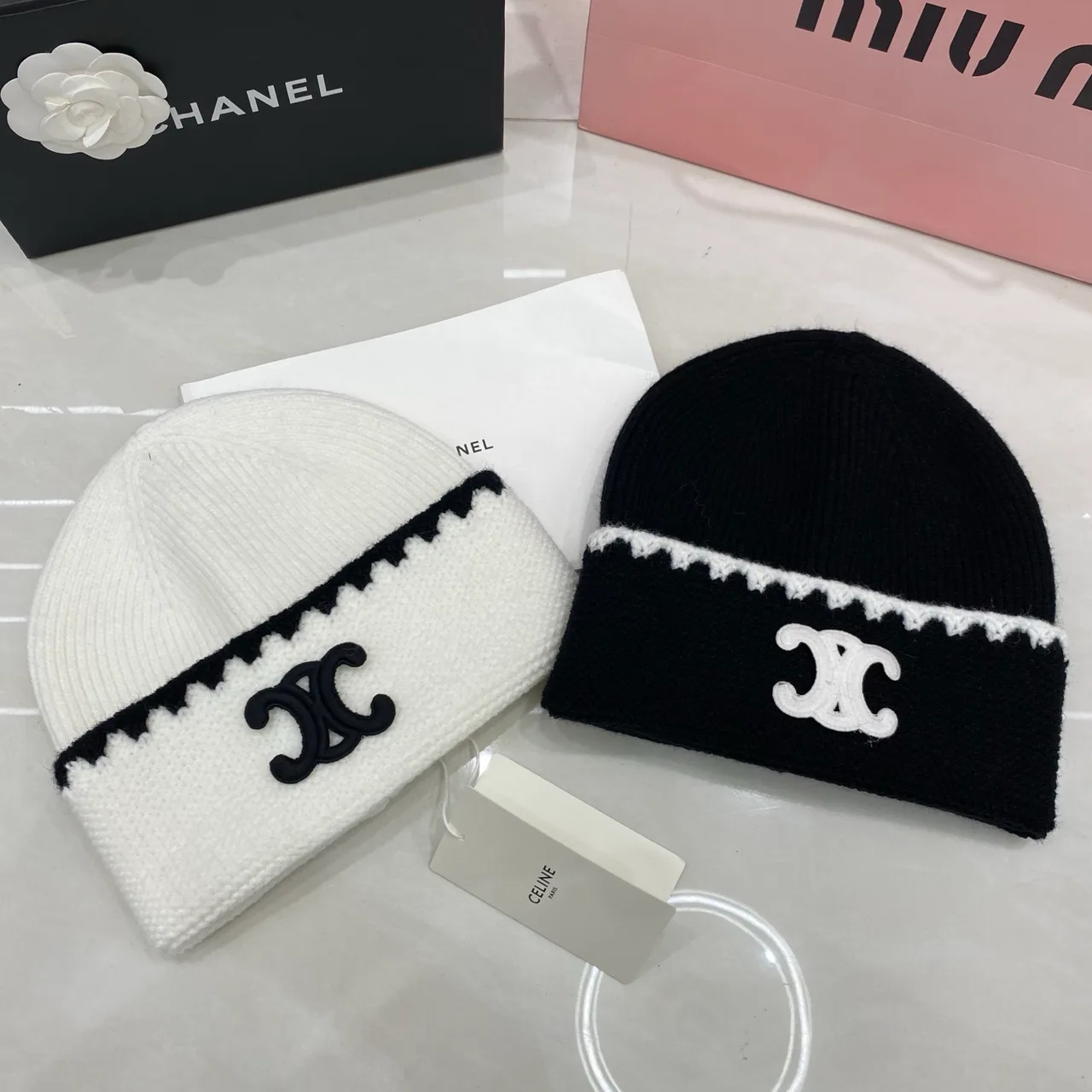 Chanel Knit Beanie in Black & Cream & Grey & Tan · view 6