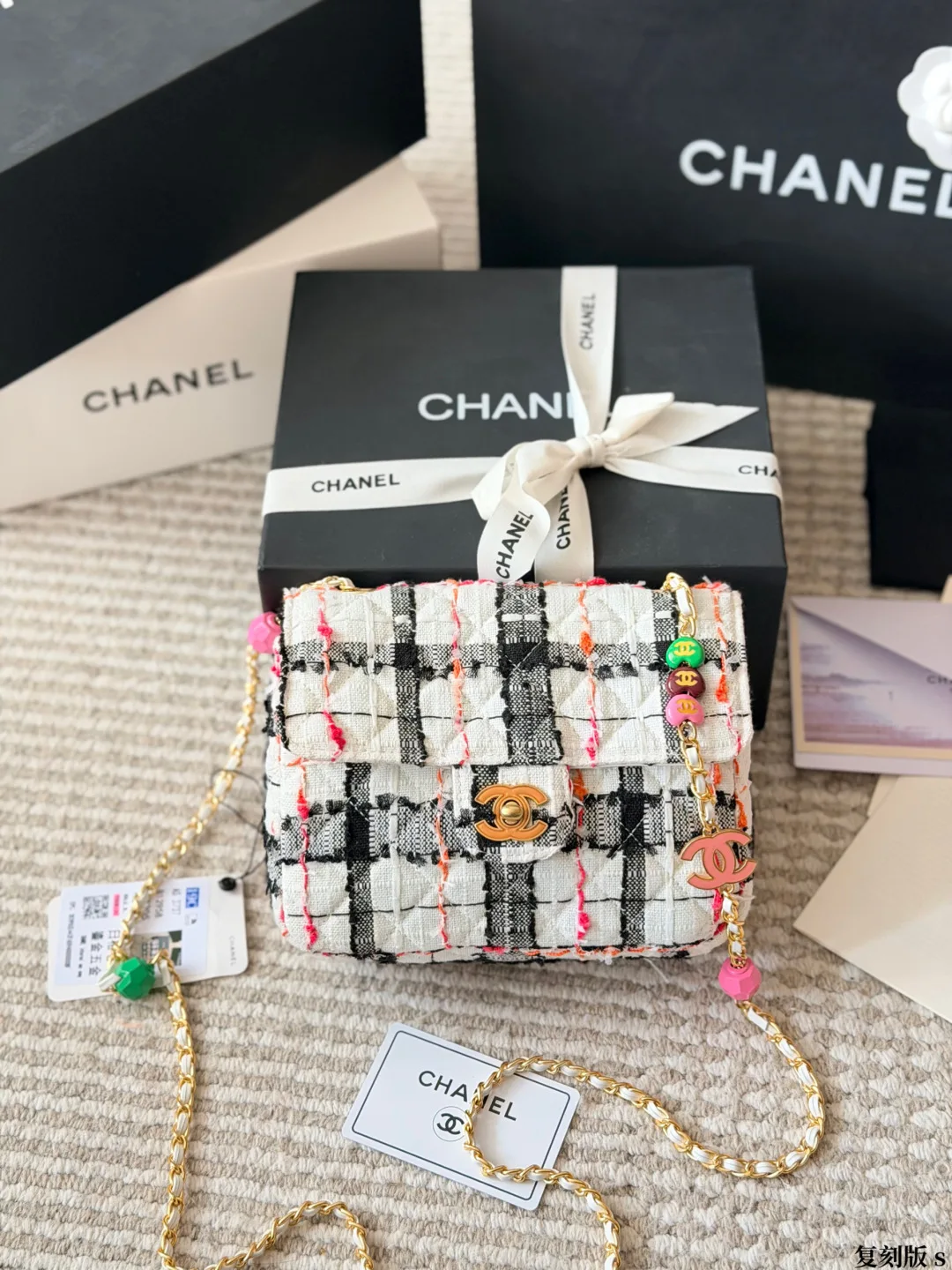 Chanel Beaded Flap Bag in Beige / Orange / Purple / Black / White / Green · view 5