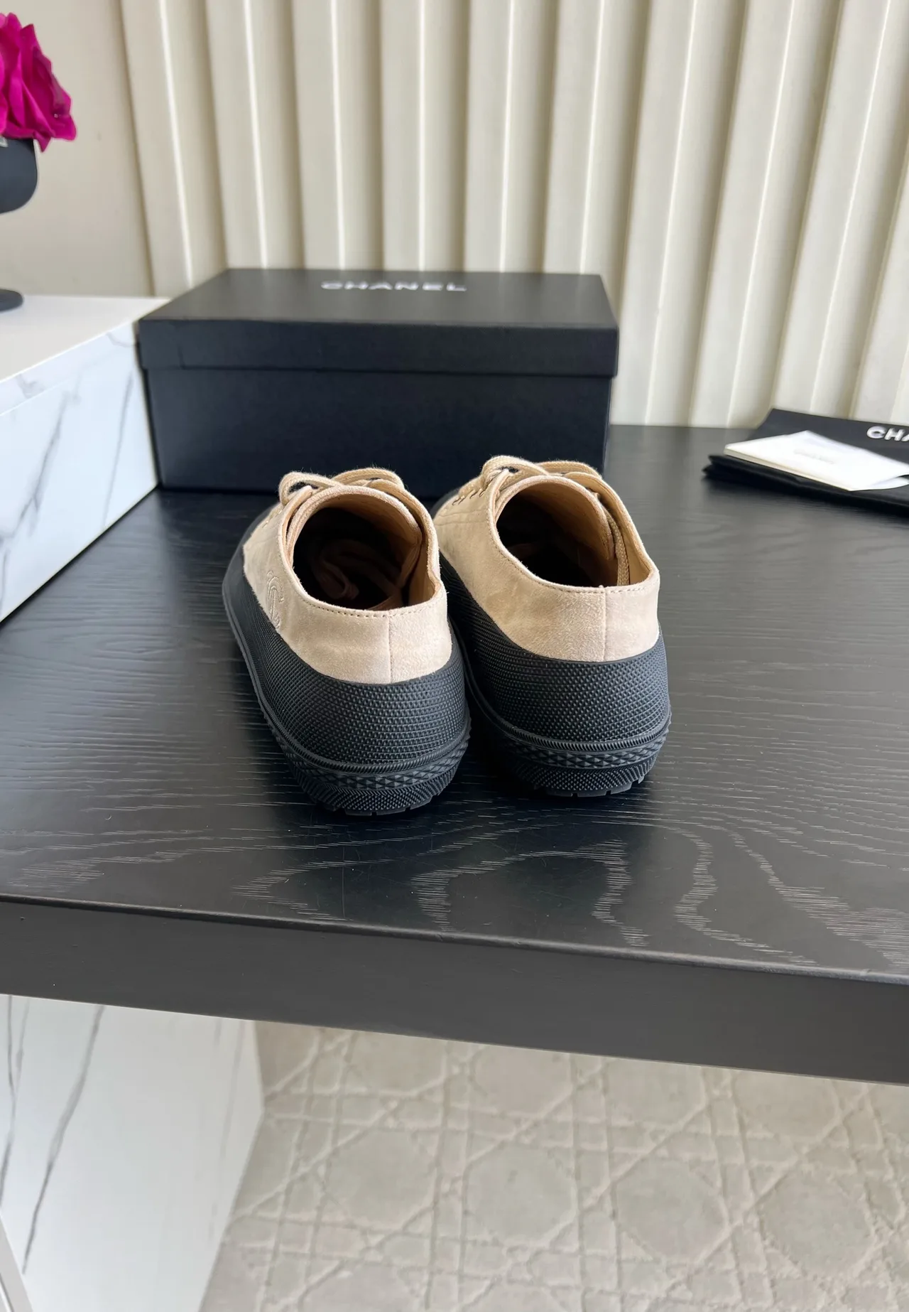Chanel Suede-Look Round-Toe Sneakers in Beige · view 5