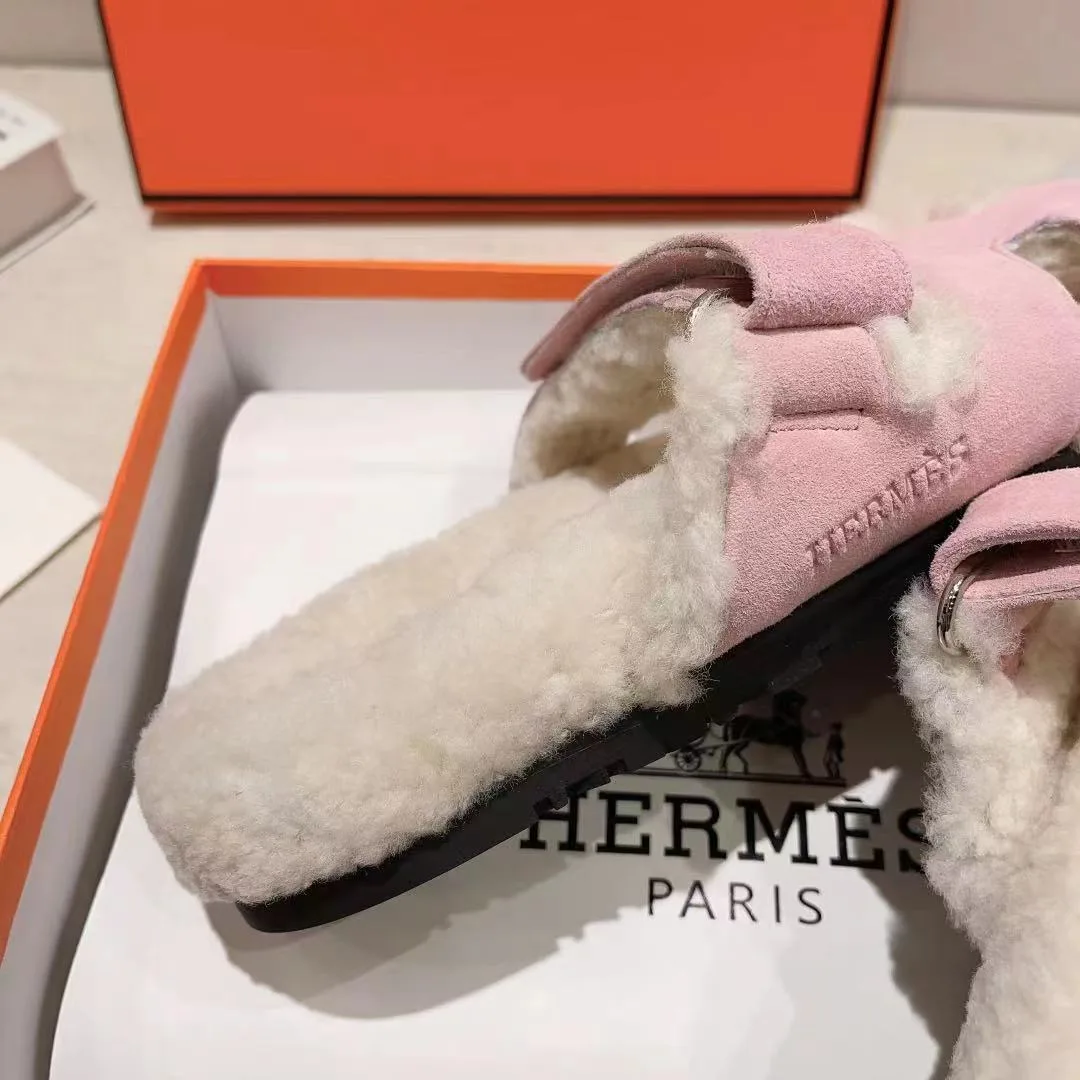 Hermes Sheepskin Chypre Shearling Slides in Pink · view 8