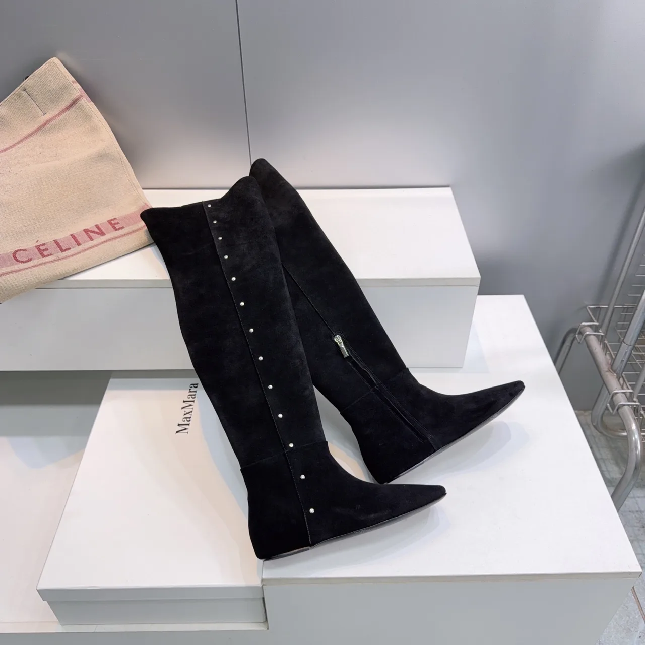 Max Mara Glossy Suede-Look Pointed-Toe Knee-High Boots in Black · view 5