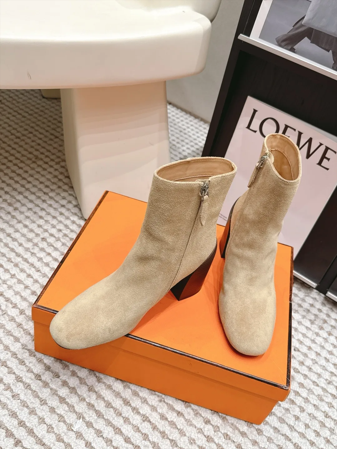 Loewe Suede-Look Square-Toe Ankle Boots in Beige · view 4