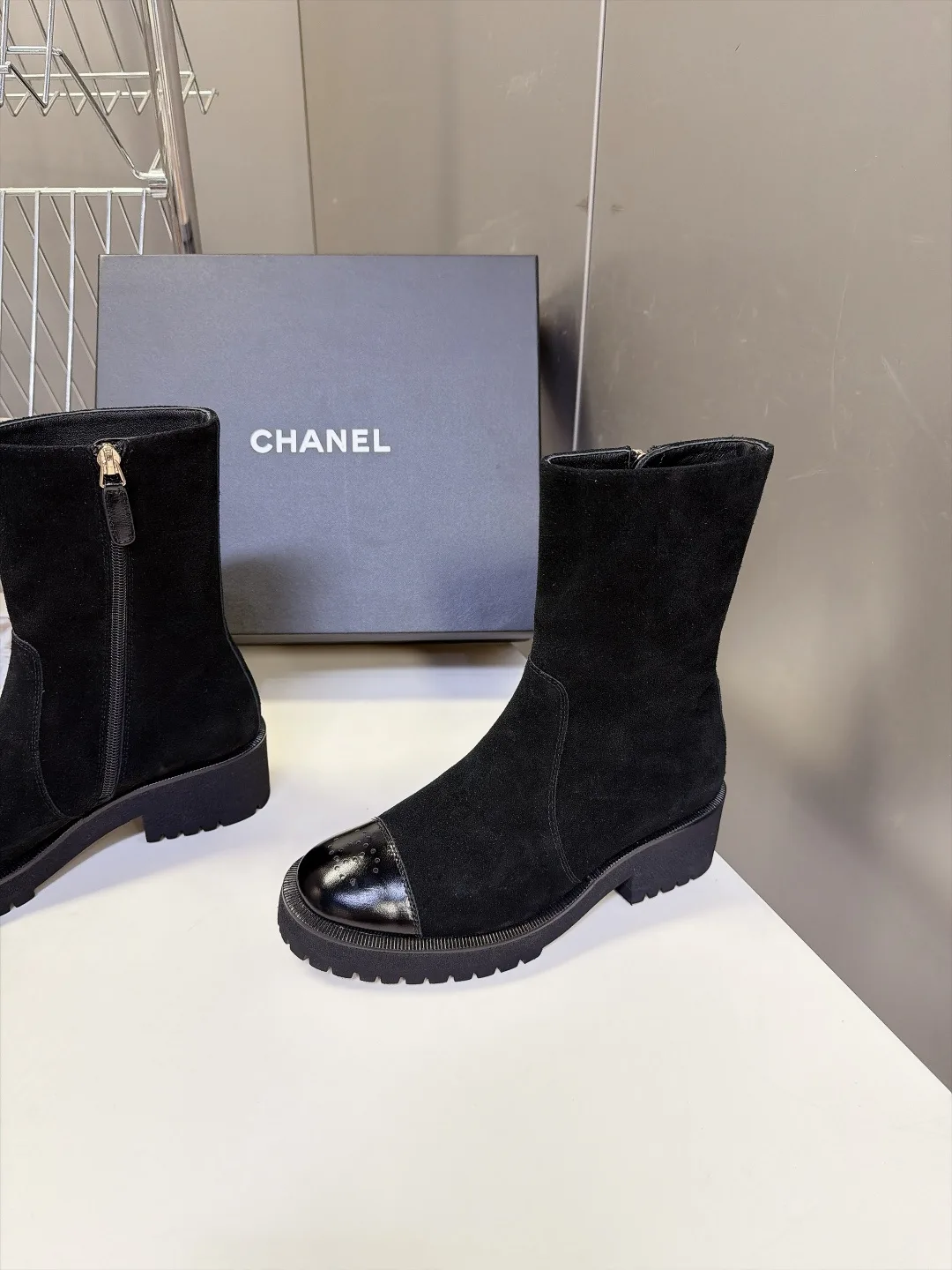 Chanel Cowhide Patent Leather Suede-Look Pointed-Toe Ankle Boots in Black · view 3