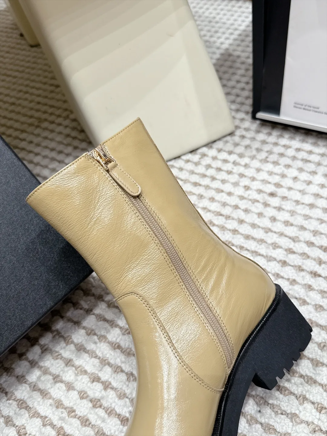 Loewe Cowhide Glossy Cap-Toe Ankle Boots in Tan · view 8
