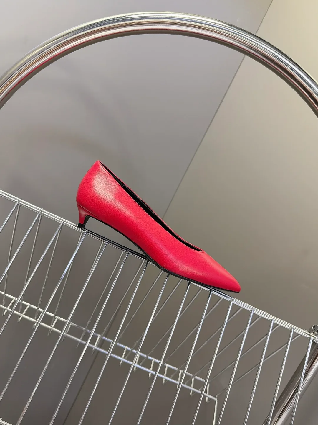 Celine Lambskin Glossy Pointed-Toe Kitten Heel Pumps in Red · view 5