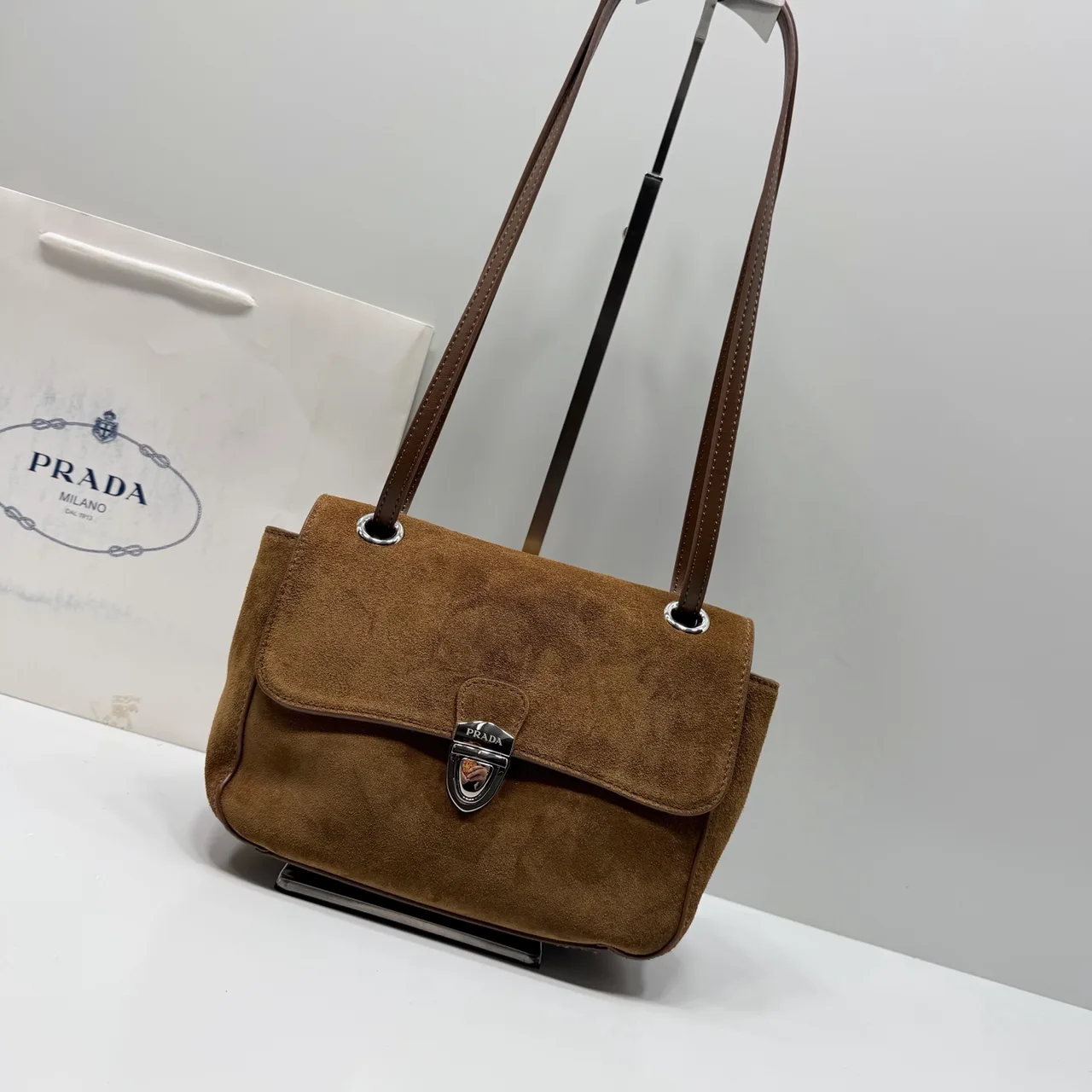 Prada Suede Flap Shoulder Bag in Brown · view 2