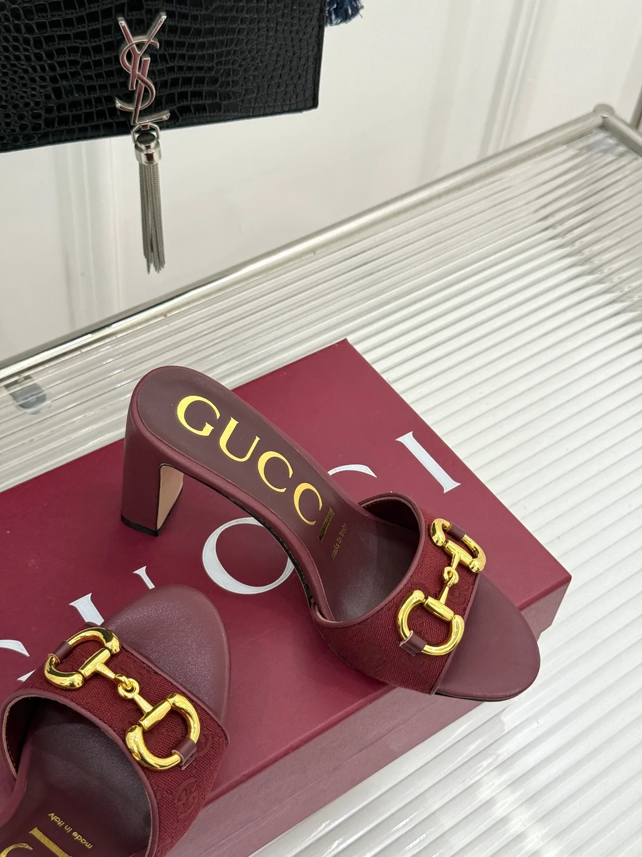 Gucci Canvas Denim Glossy Buckle Mules in Burgundy · view 5